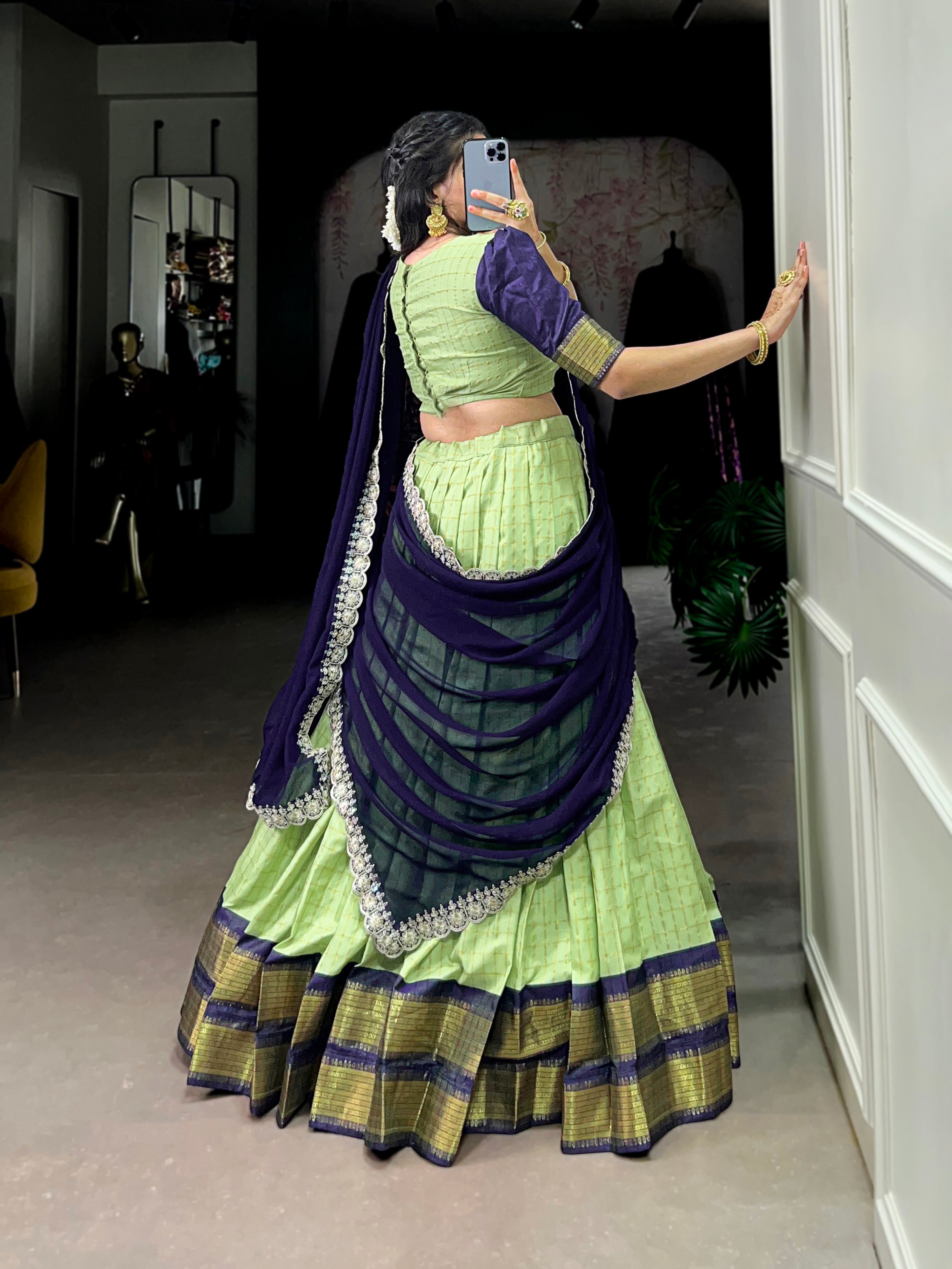 Timeless Zari Chex Weave Lehenga with Contrasting Wine Dupatta
