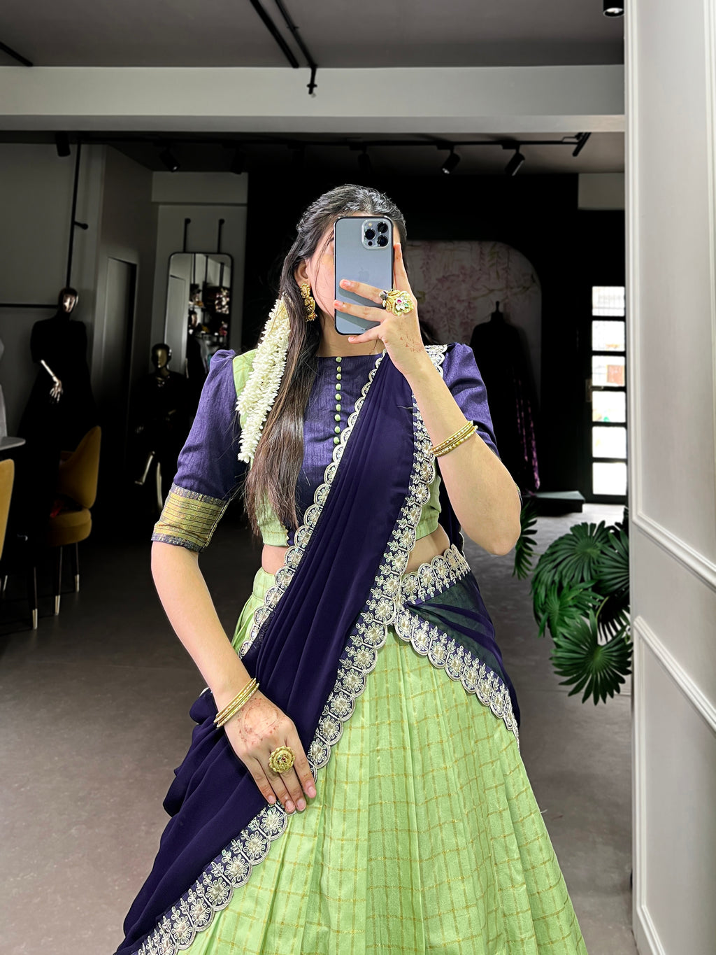 Timeless Zari Chex Weave Lehenga with Contrasting Wine Dupatta