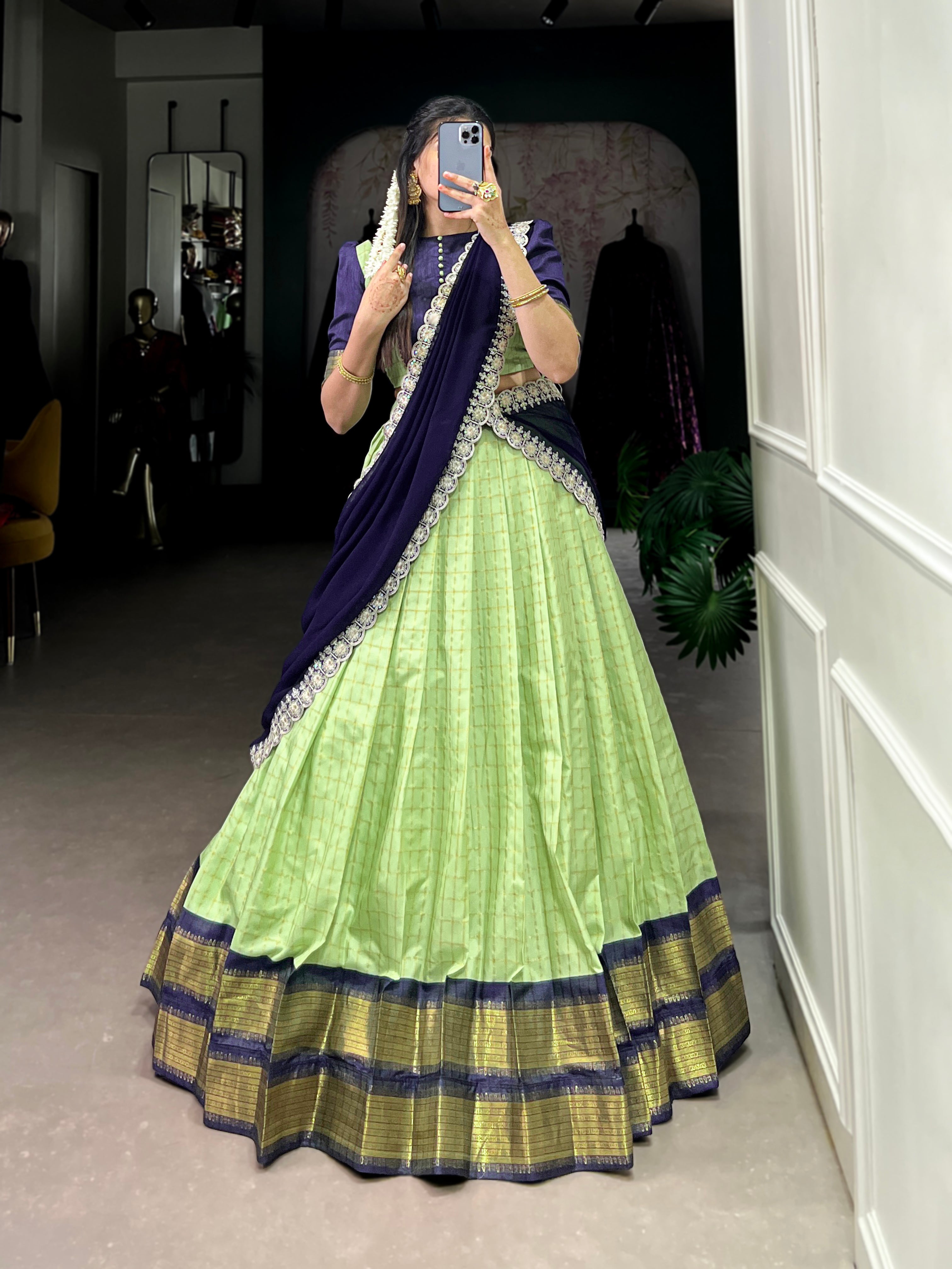 Timeless Zari Chex Weave Lehenga with Contrasting Wine Dupatta