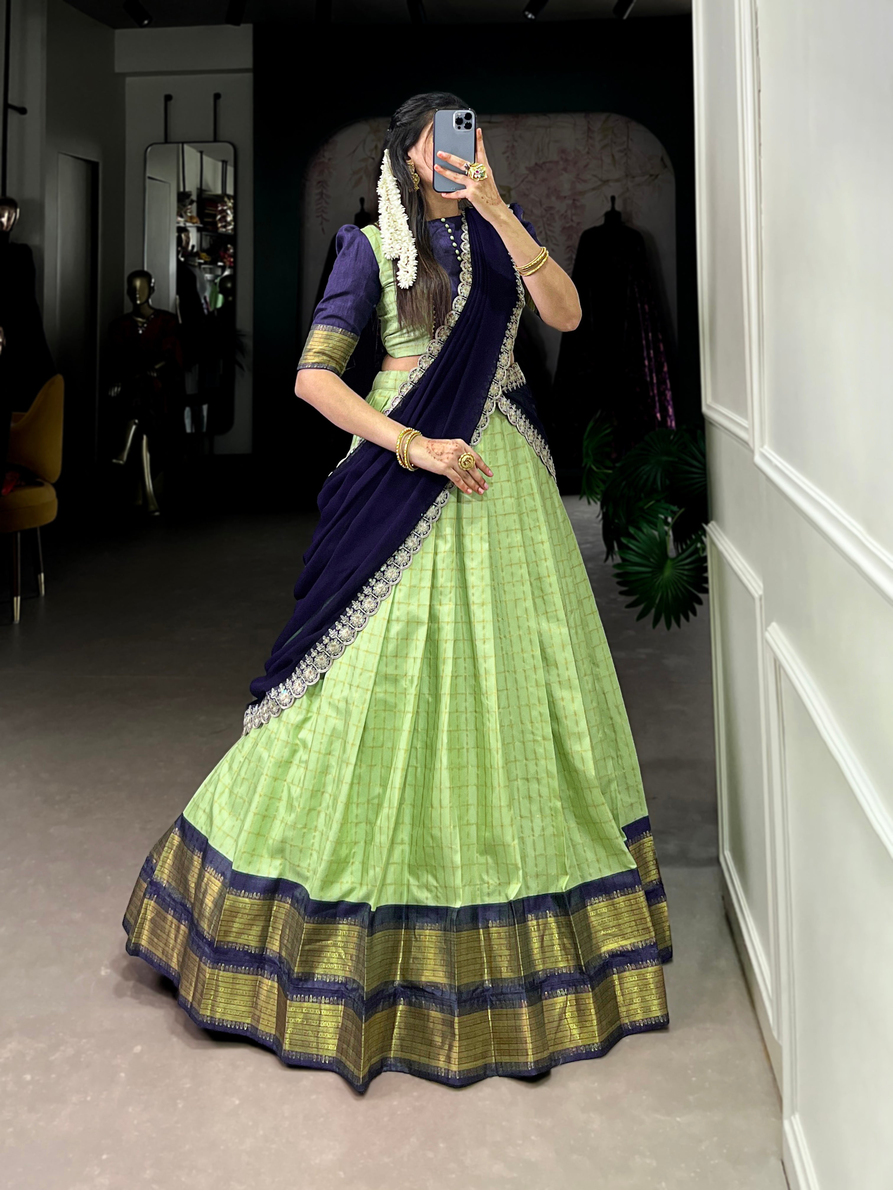 Timeless Zari Chex Weave Lehenga with Contrasting Wine Dupatta