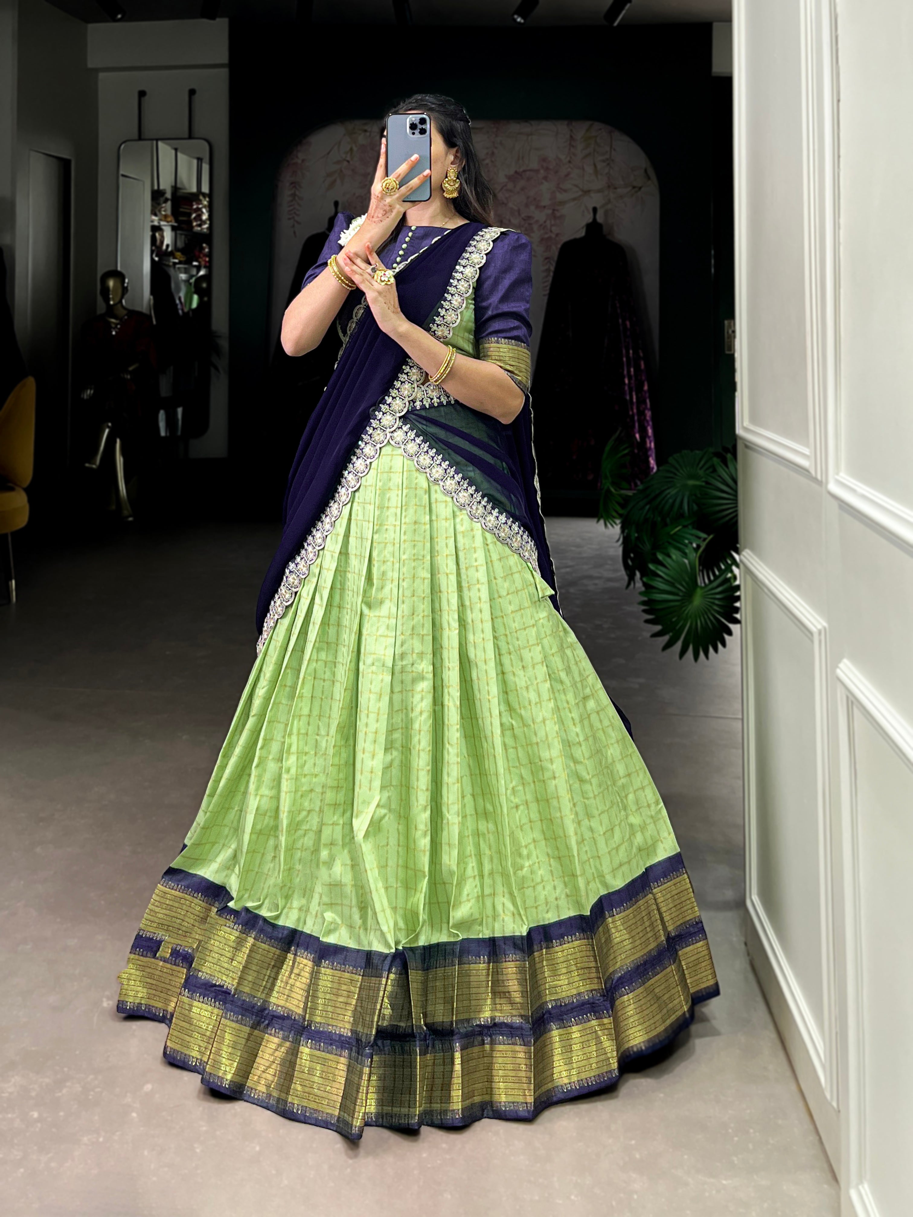 Timeless Zari Chex Weave Lehenga with Contrasting Wine Dupatta