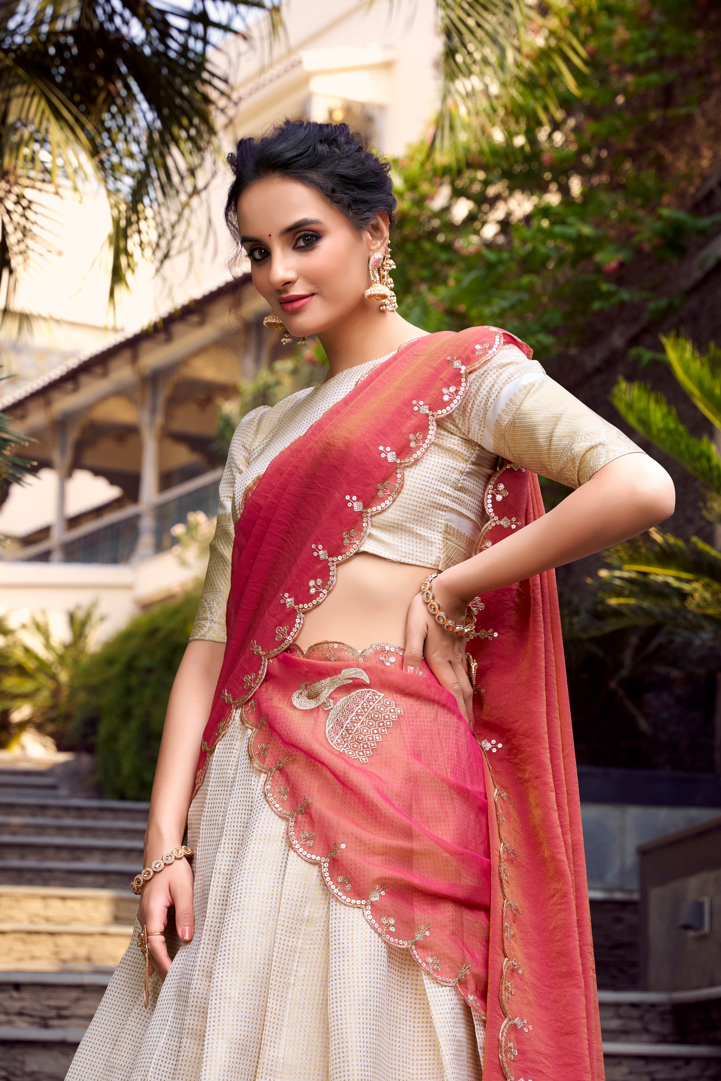 Elegant Off White Golden Zari Weaving Work Lehenga with Zari Shimmer Dupatta
