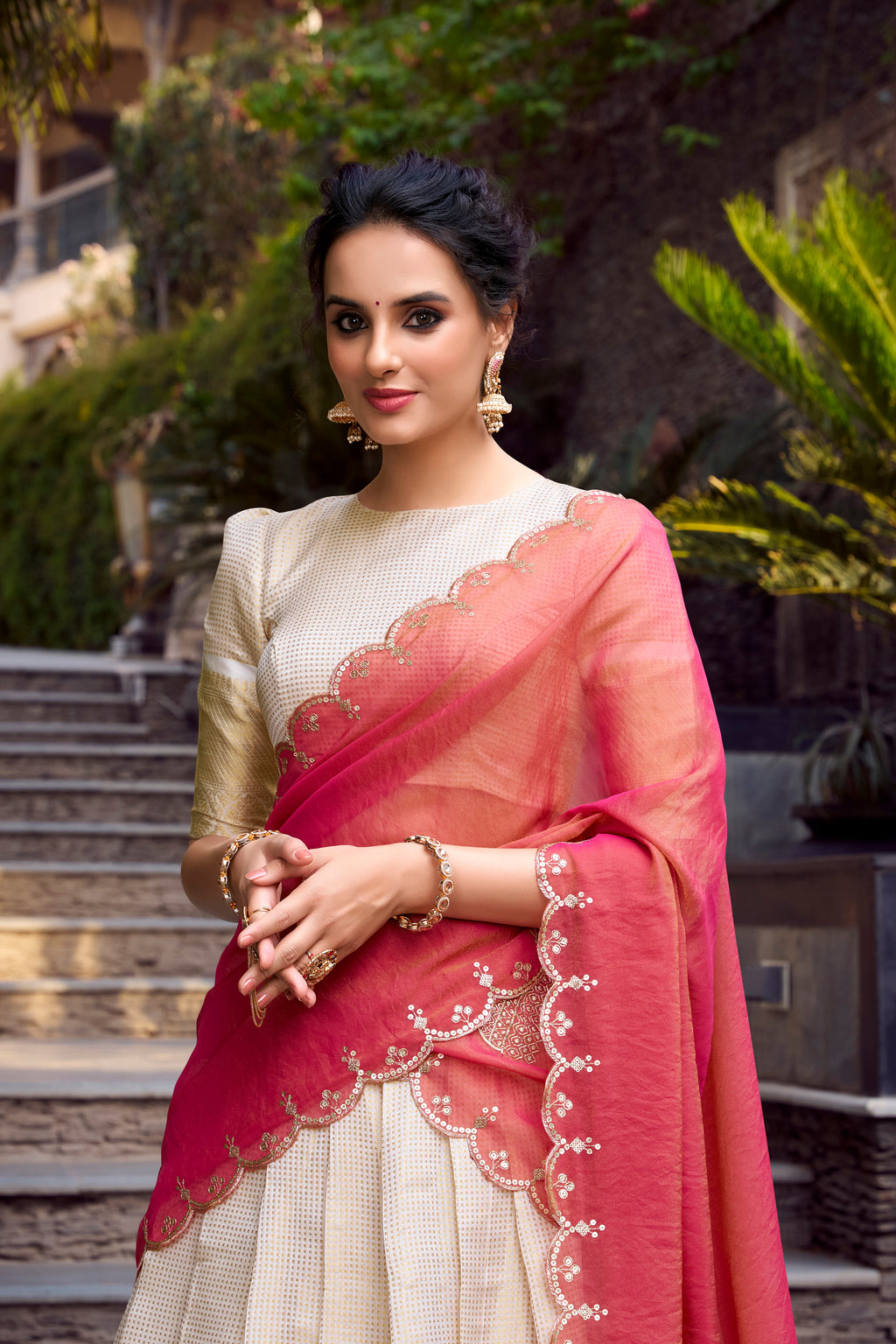 Elegant Off White Golden Zari Weaving Work Lehenga with Zari Shimmer Dupatta