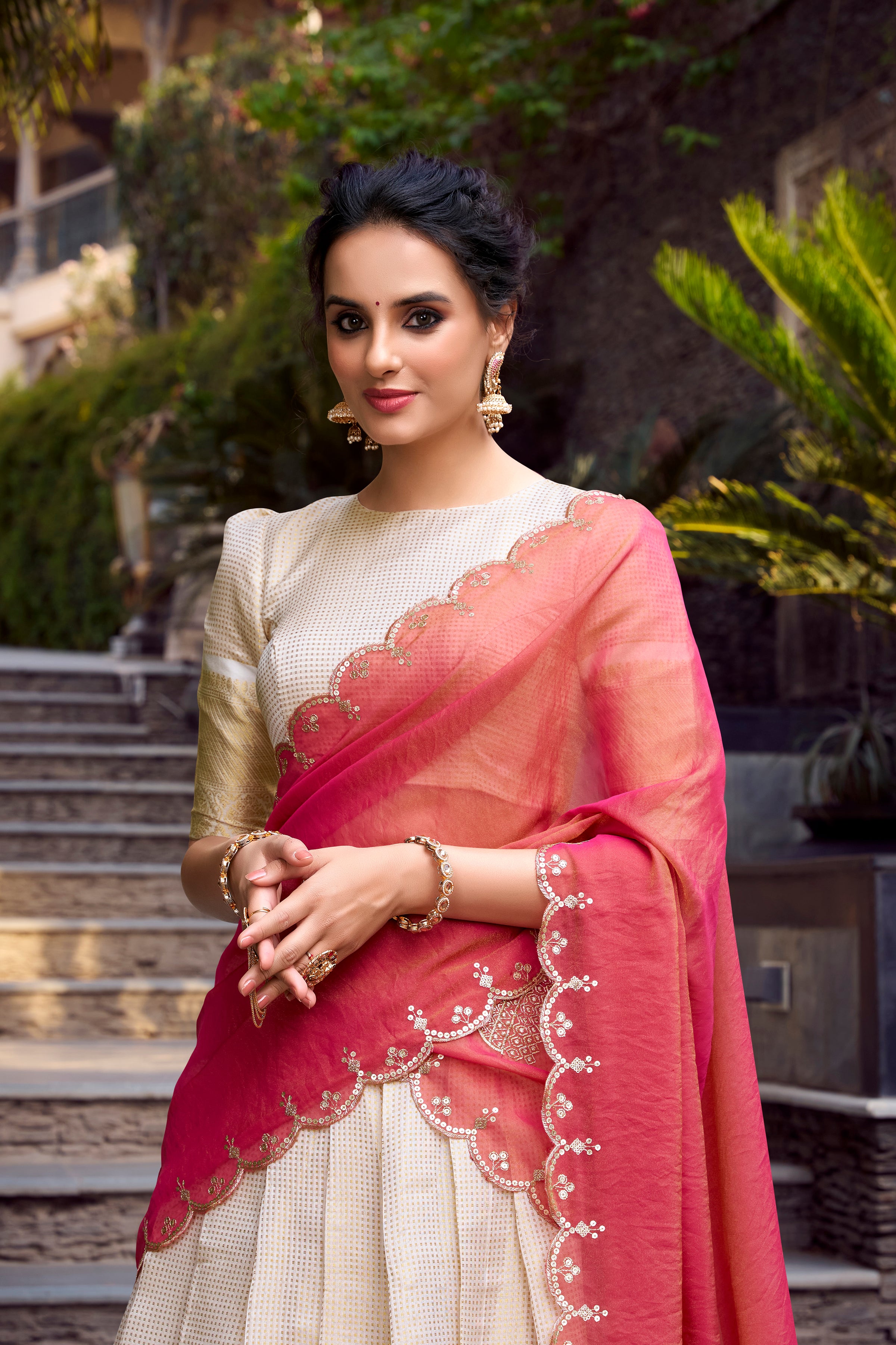 Elegant Off White Golden Zari Weaving Work Lehenga with Zari Shimmer Dupatta
