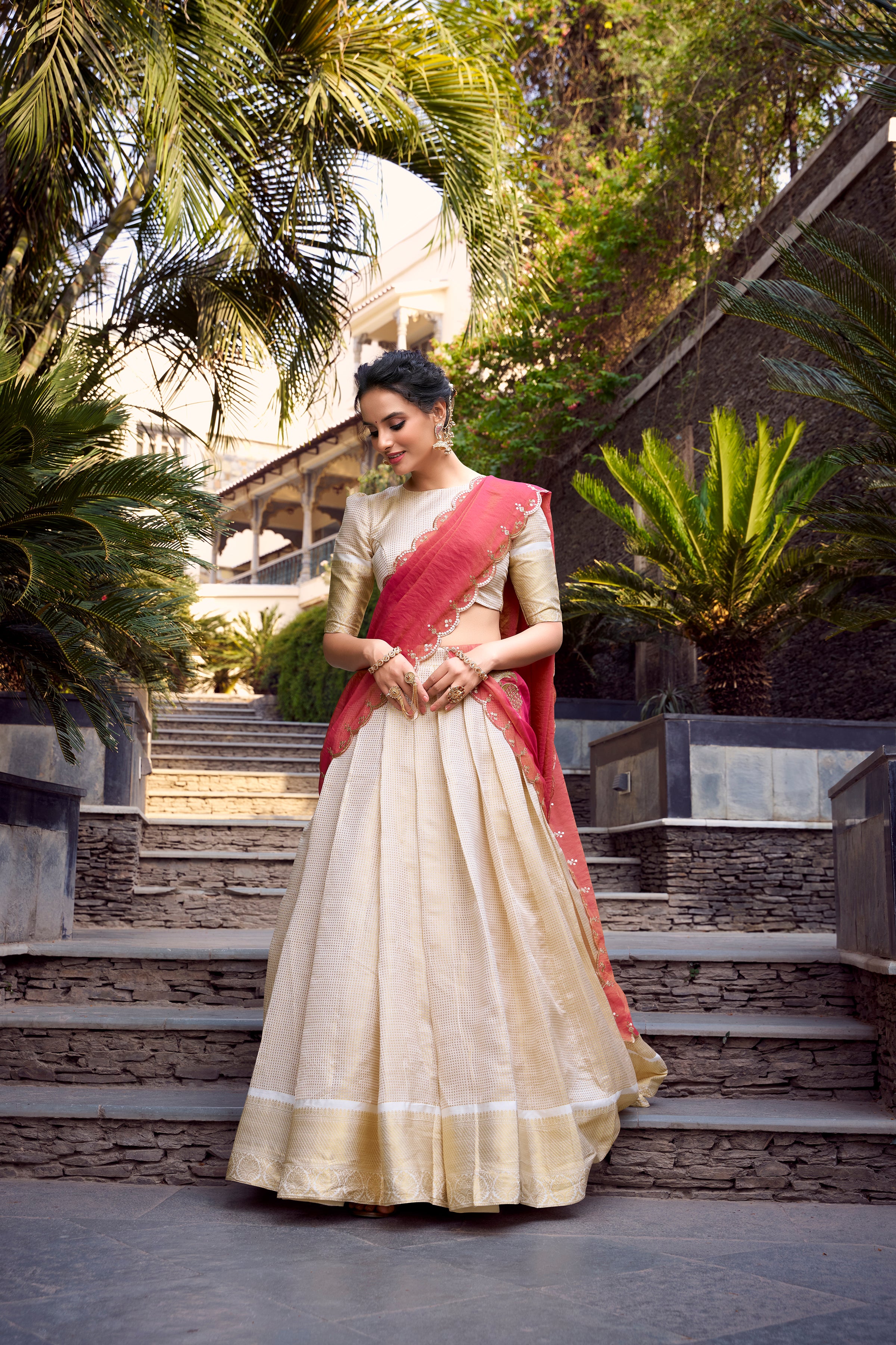 Elegant Off White Golden Zari Weaving Work Lehenga with Zari Shimmer Dupatta