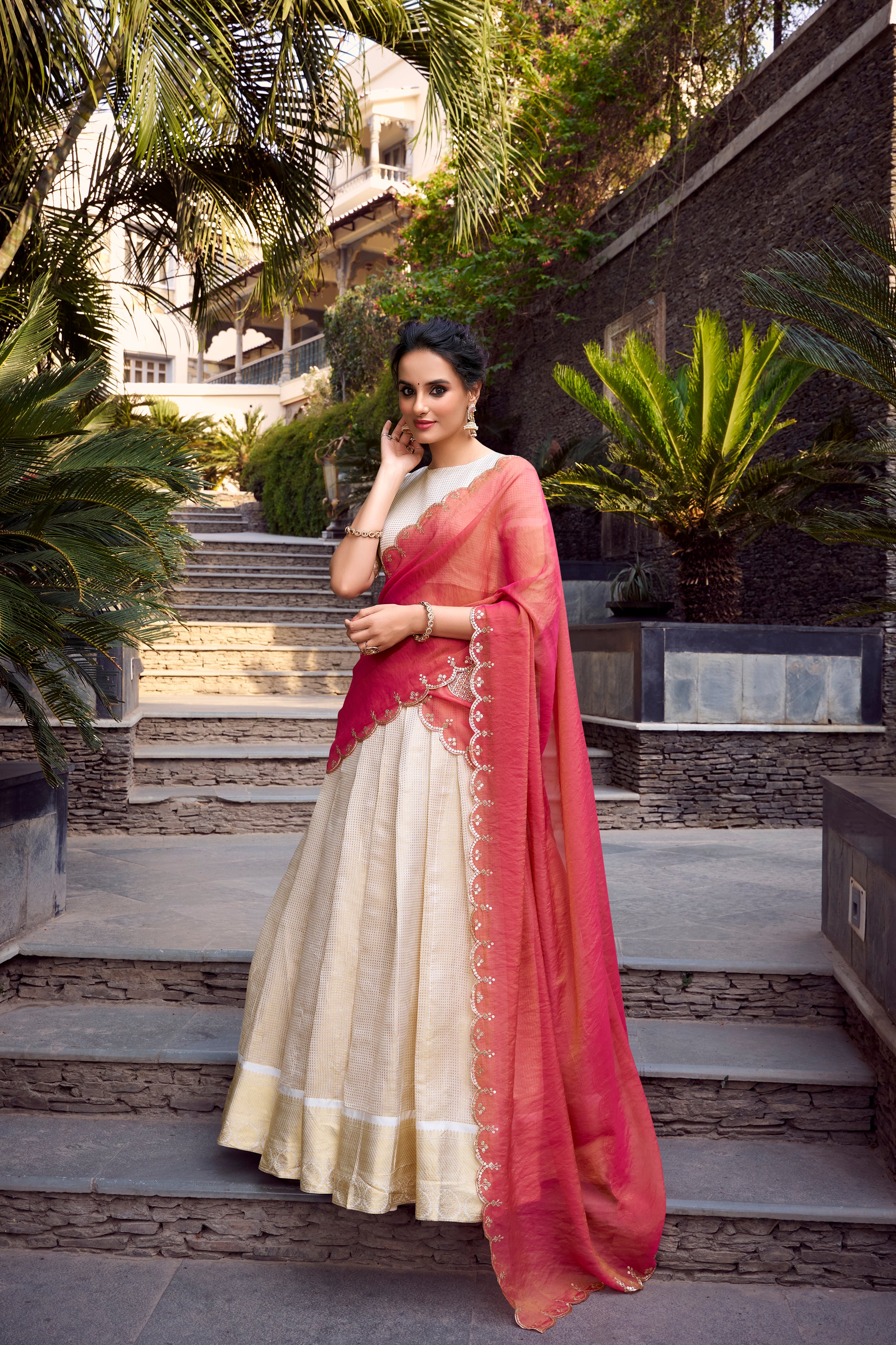 Elegant Off White Golden Zari Weaving Work Lehenga with Zari Shimmer Dupatta