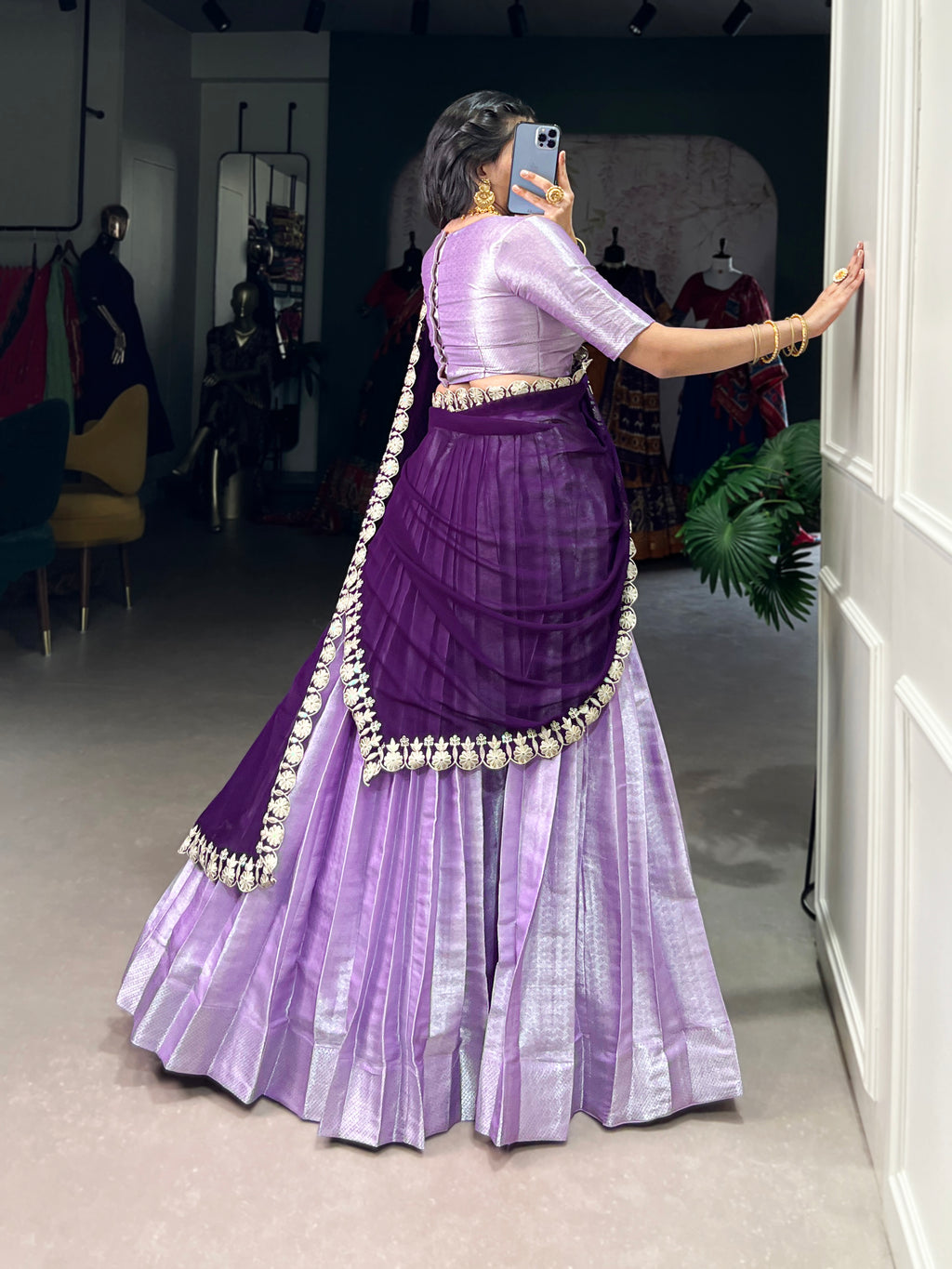Lavender Jacquard Silk Lehenga with Deep Purple Embroidered Dupatta