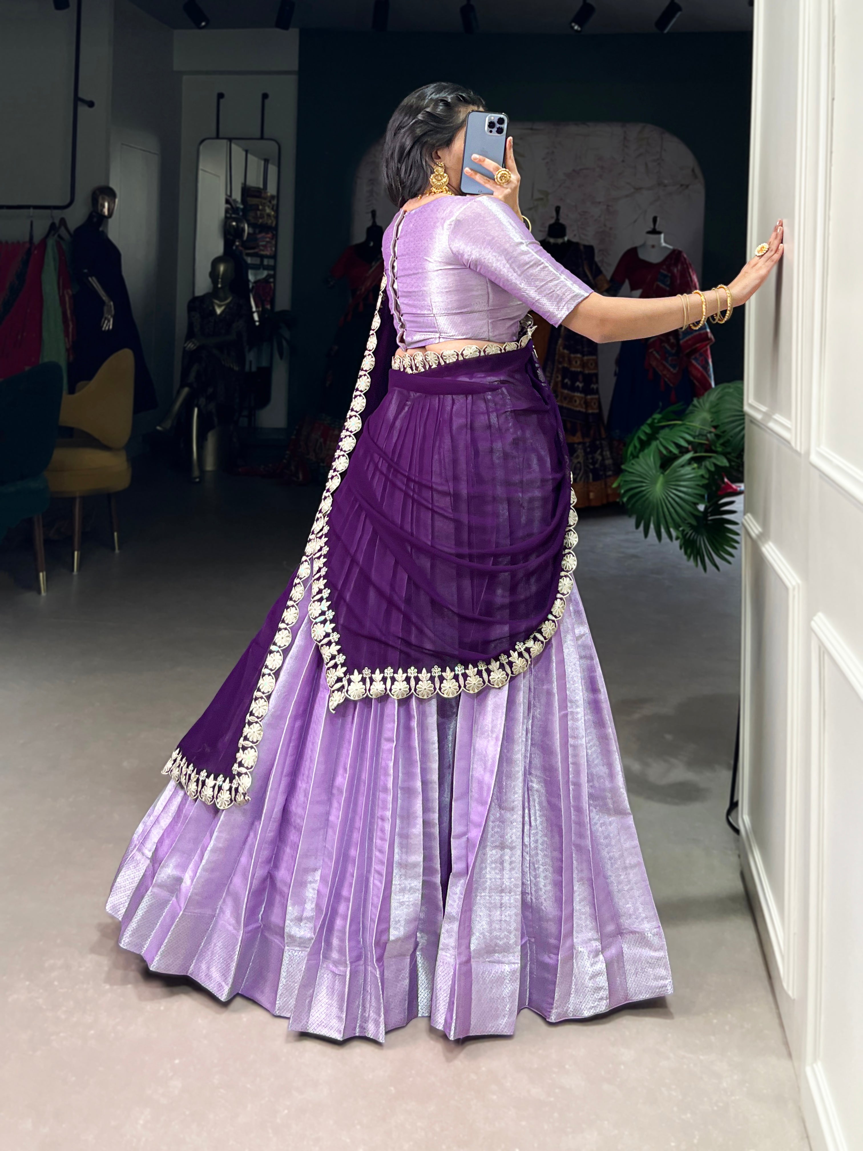 Lavender Jacquard Silk Lehenga with Deep Purple Embroidered Dupatta