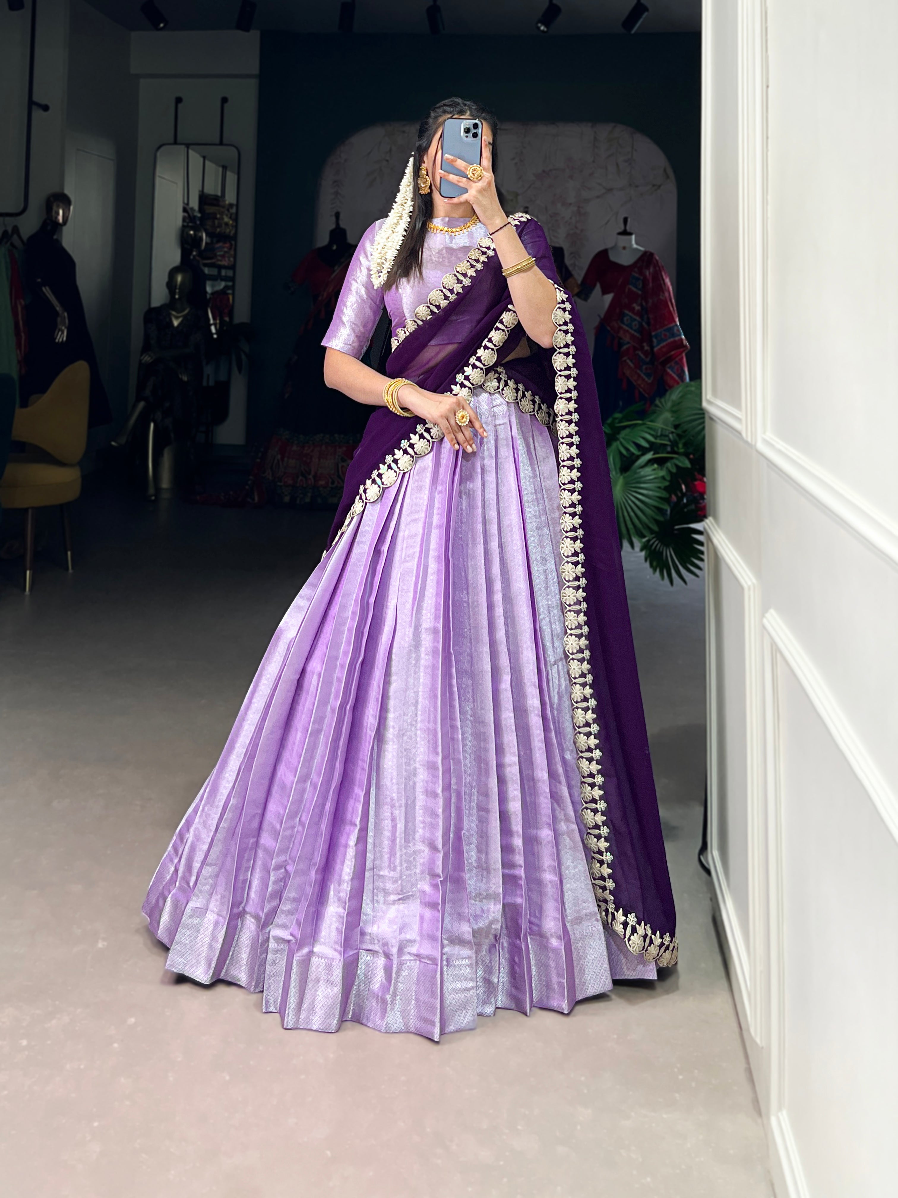 Lavender Jacquard Silk Lehenga with Deep Purple Embroidered Dupatta