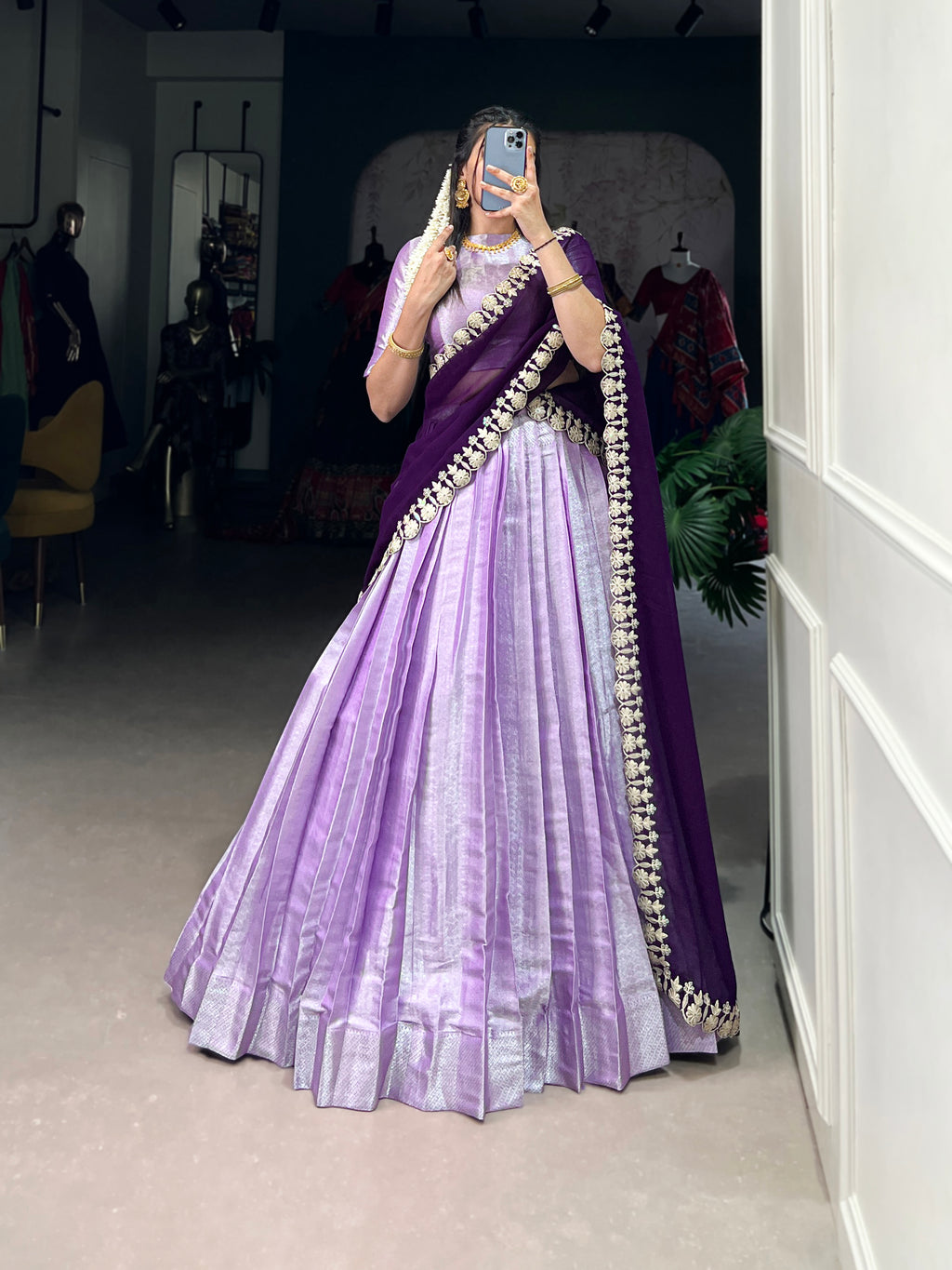 Lavender Jacquard Silk Lehenga with Deep Purple Embroidered Dupatta