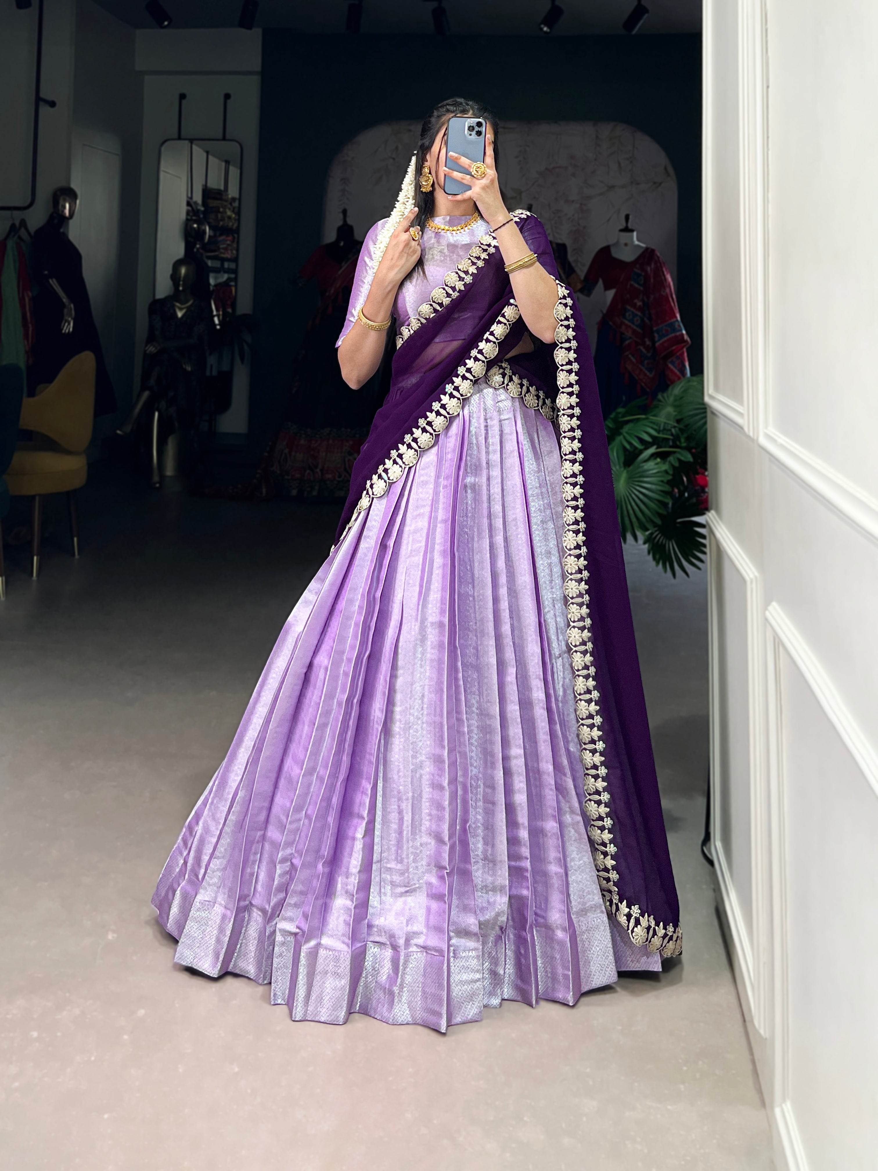 Lavender Jacquard Silk Lehenga with Deep Purple Embroidered Dupatta