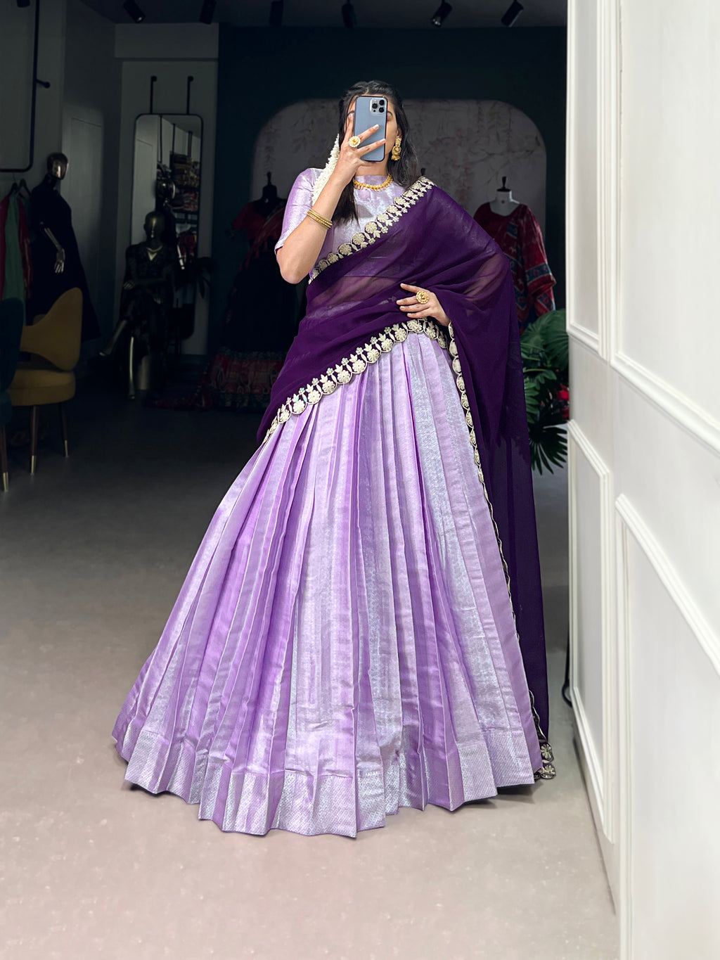 Lavender Jacquard Silk Lehenga with Deep Purple Embroidered Dupatta