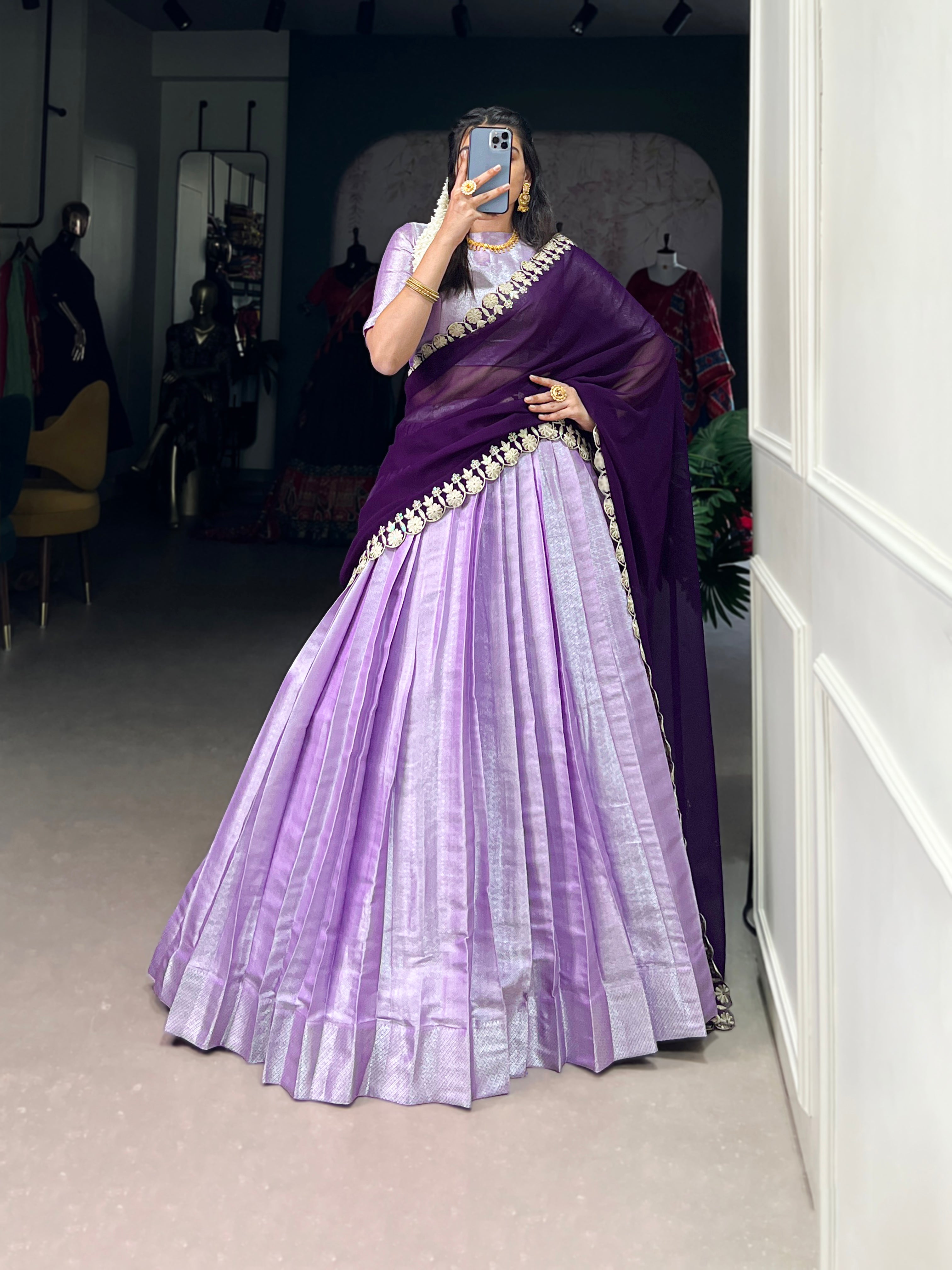 Lavender Jacquard Silk Lehenga with Deep Purple Embroidered Dupatta