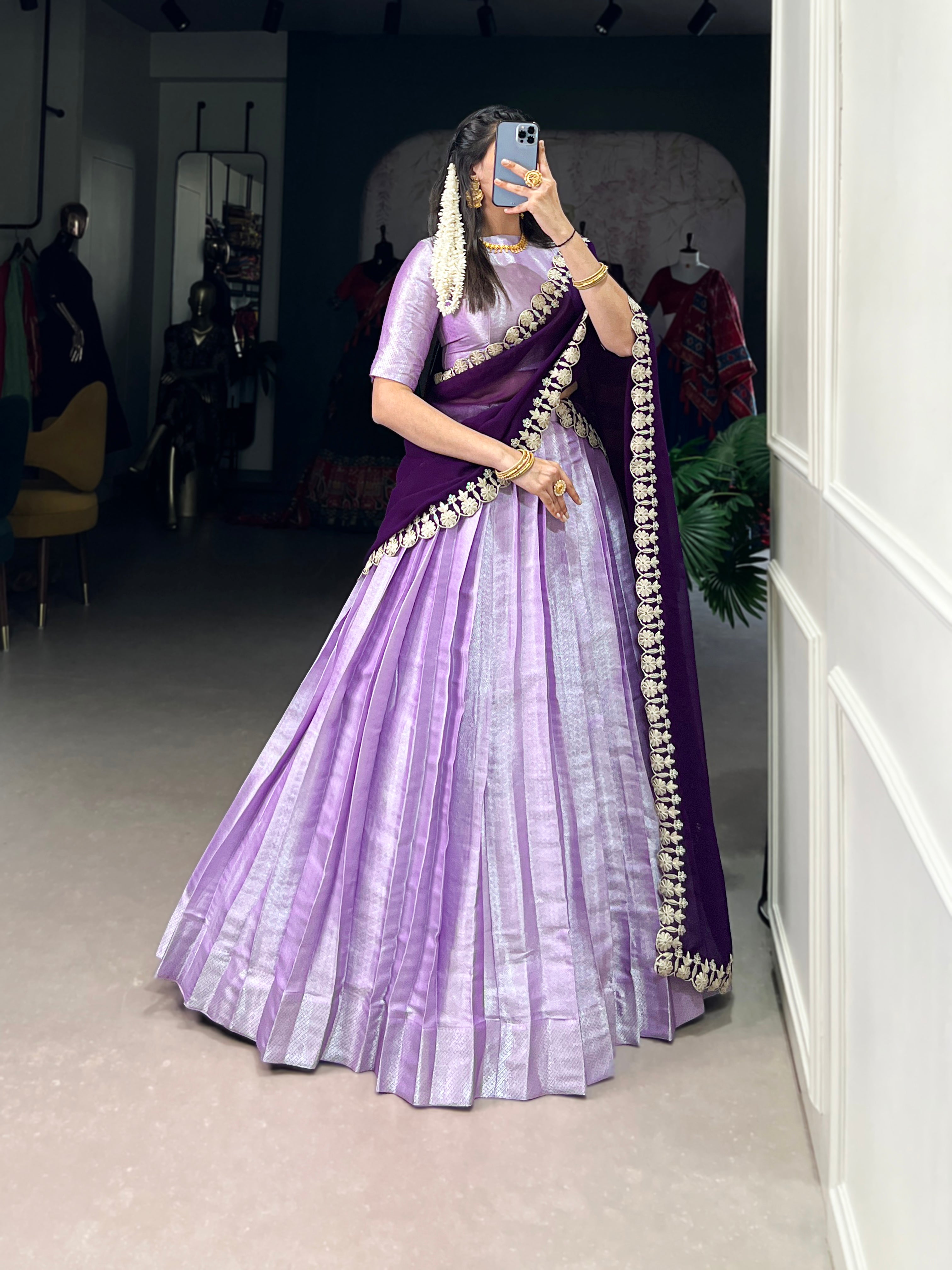 Lavender Jacquard Silk Lehenga with Deep Purple Embroidered Dupatta