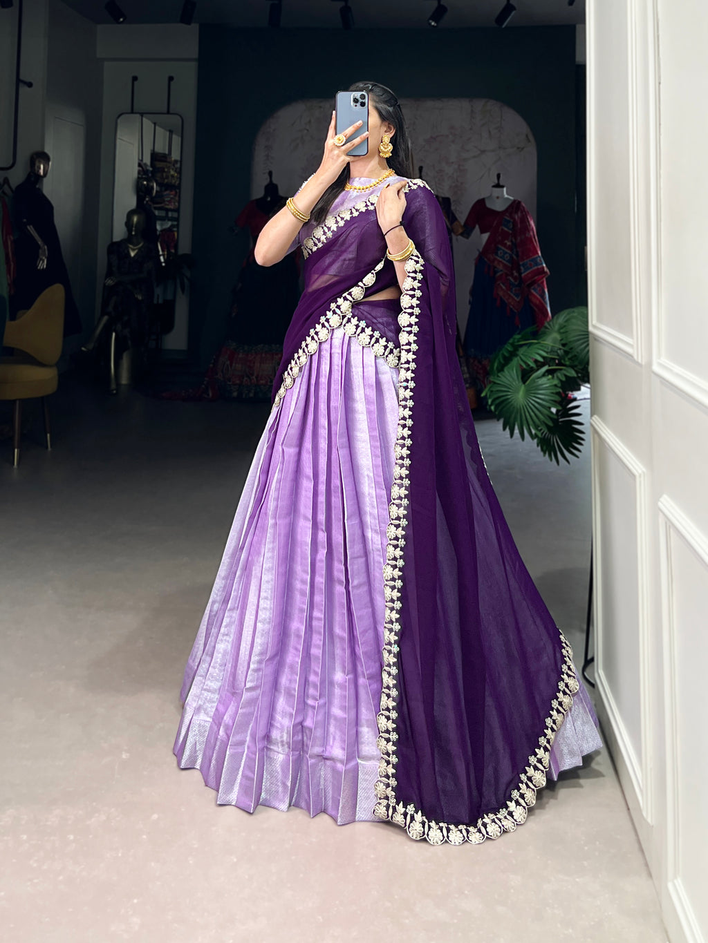 Lavender Jacquard Silk Lehenga with Deep Purple Embroidered Dupatta