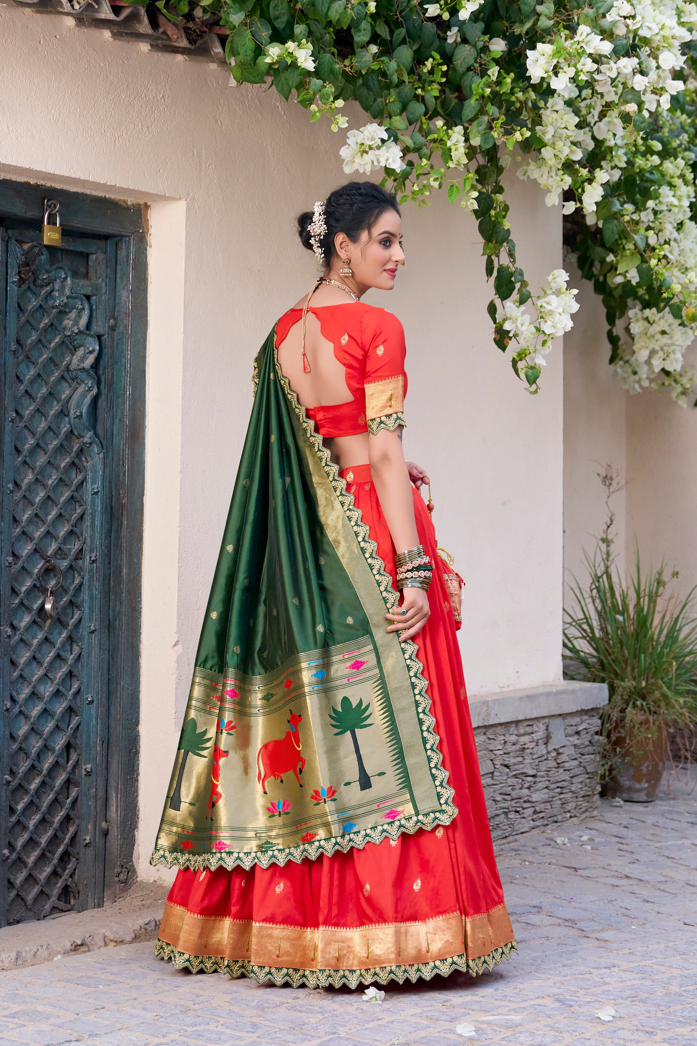 Red Jacquard Silk  Lehenga with Zari Weaving Work and Green Contrast Dupatta