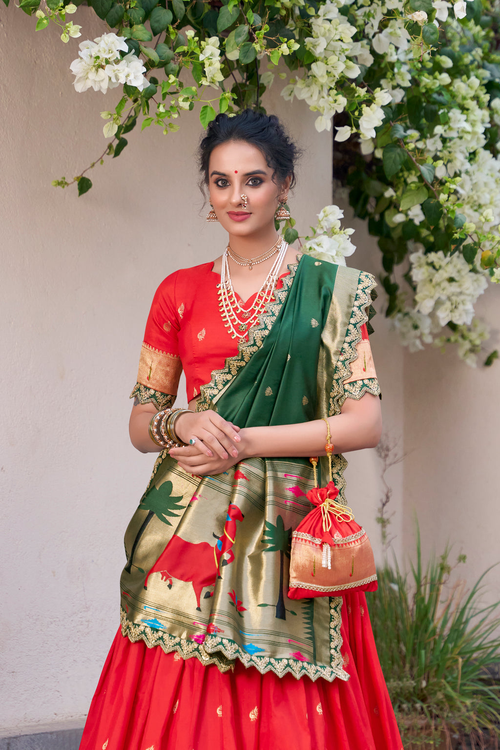 Red Jacquard Silk  Lehenga with Zari Weaving Work and Green Contrast Dupatta