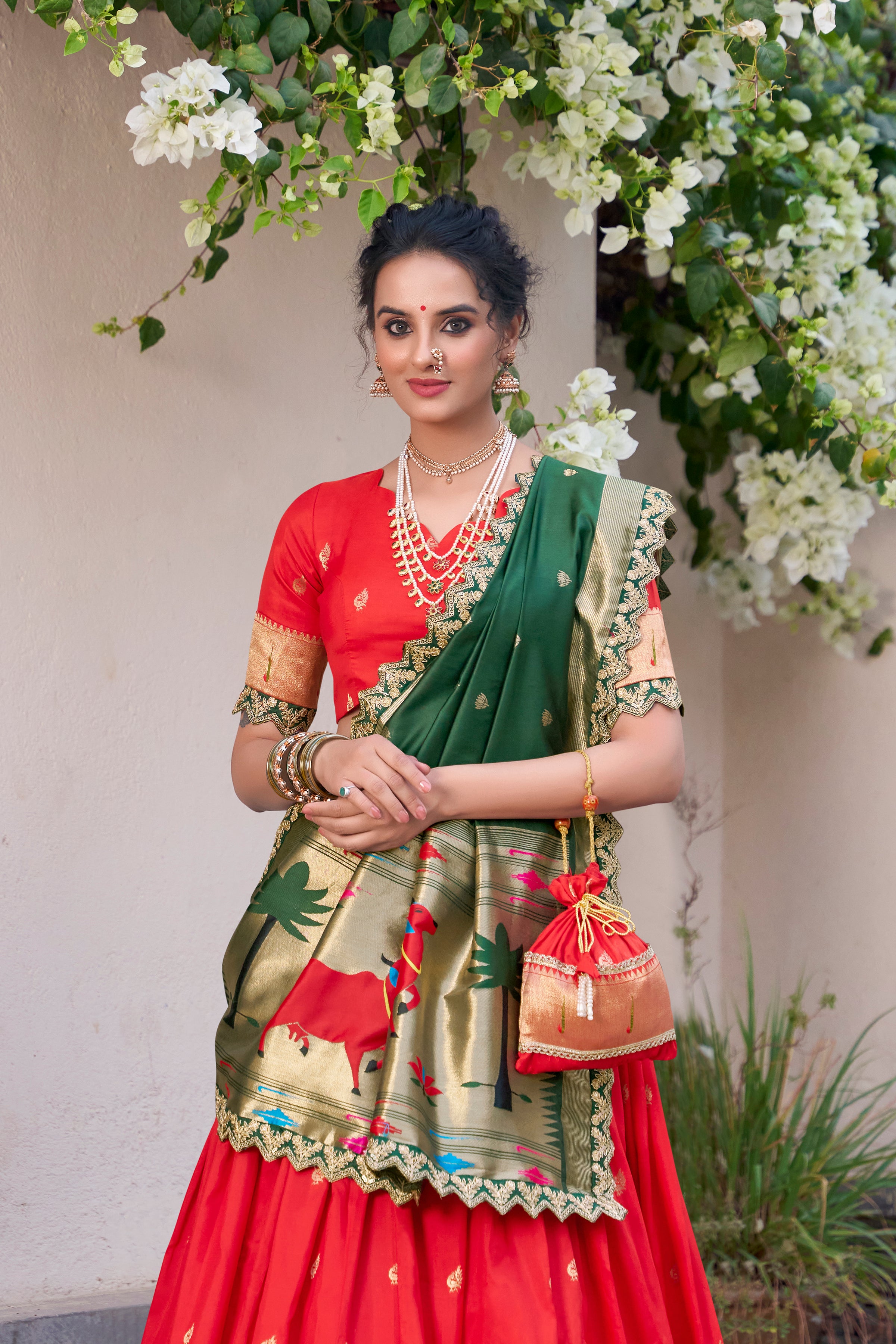 Red Jacquard Silk  Lehenga with Zari Weaving Work and Green Contrast Dupatta