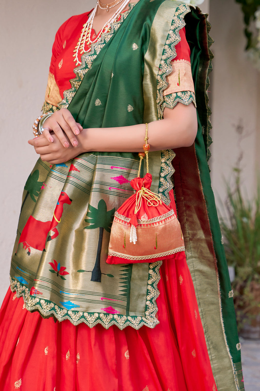Red Jacquard Silk  Lehenga with Zari Weaving Work and Green Contrast Dupatta