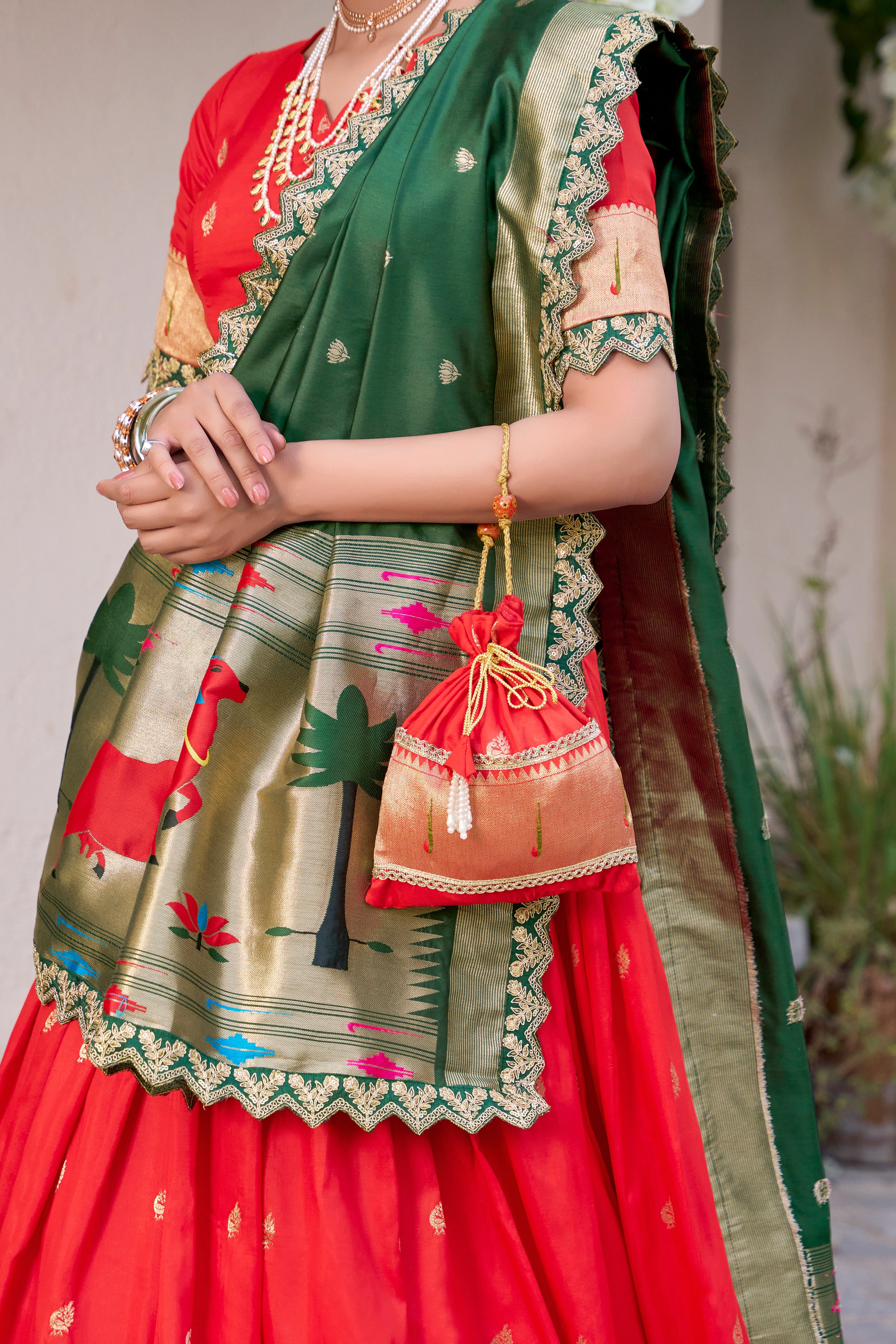 Red Jacquard Silk  Lehenga with Zari Weaving Work and Green Contrast Dupatta
