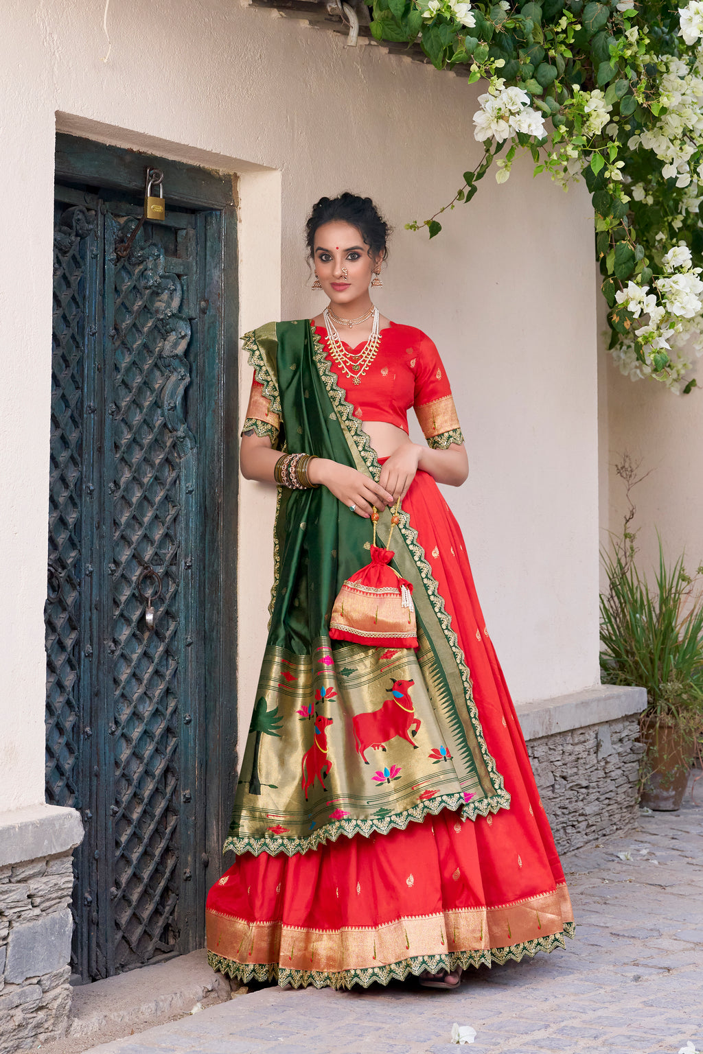 Red Jacquard Silk  Lehenga with Zari Weaving Work and Green Contrast Dupatta