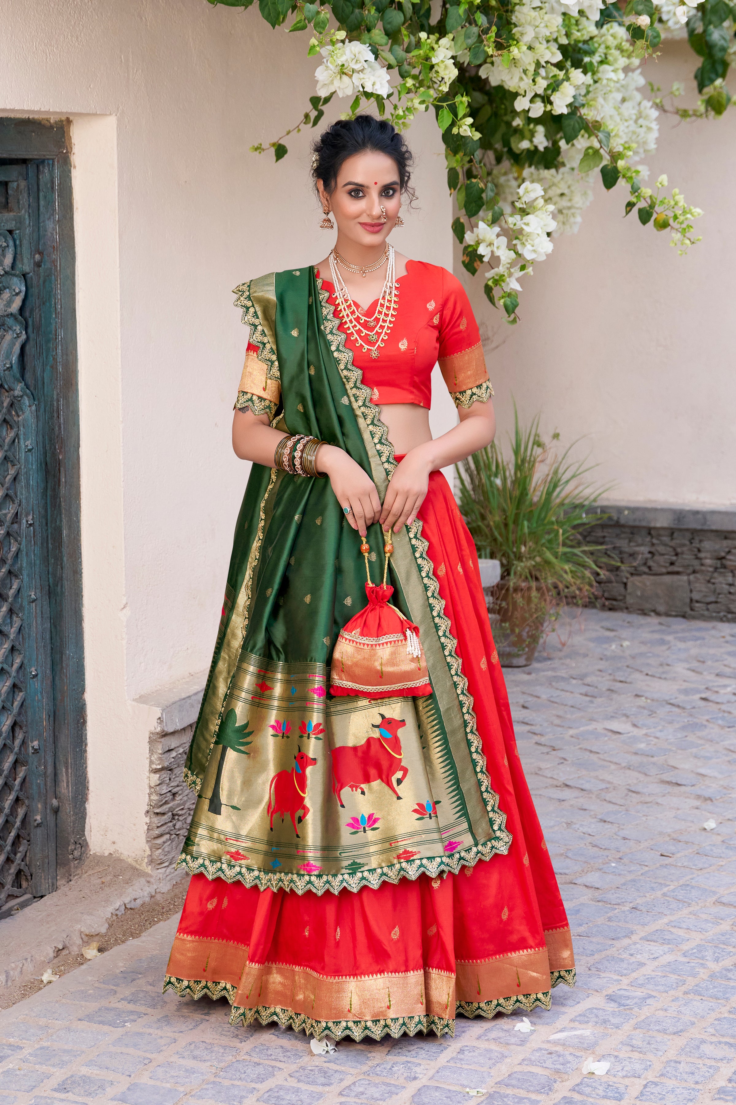 Red Jacquard Silk  Lehenga with Zari Weaving Work and Green Contrast Dupatta