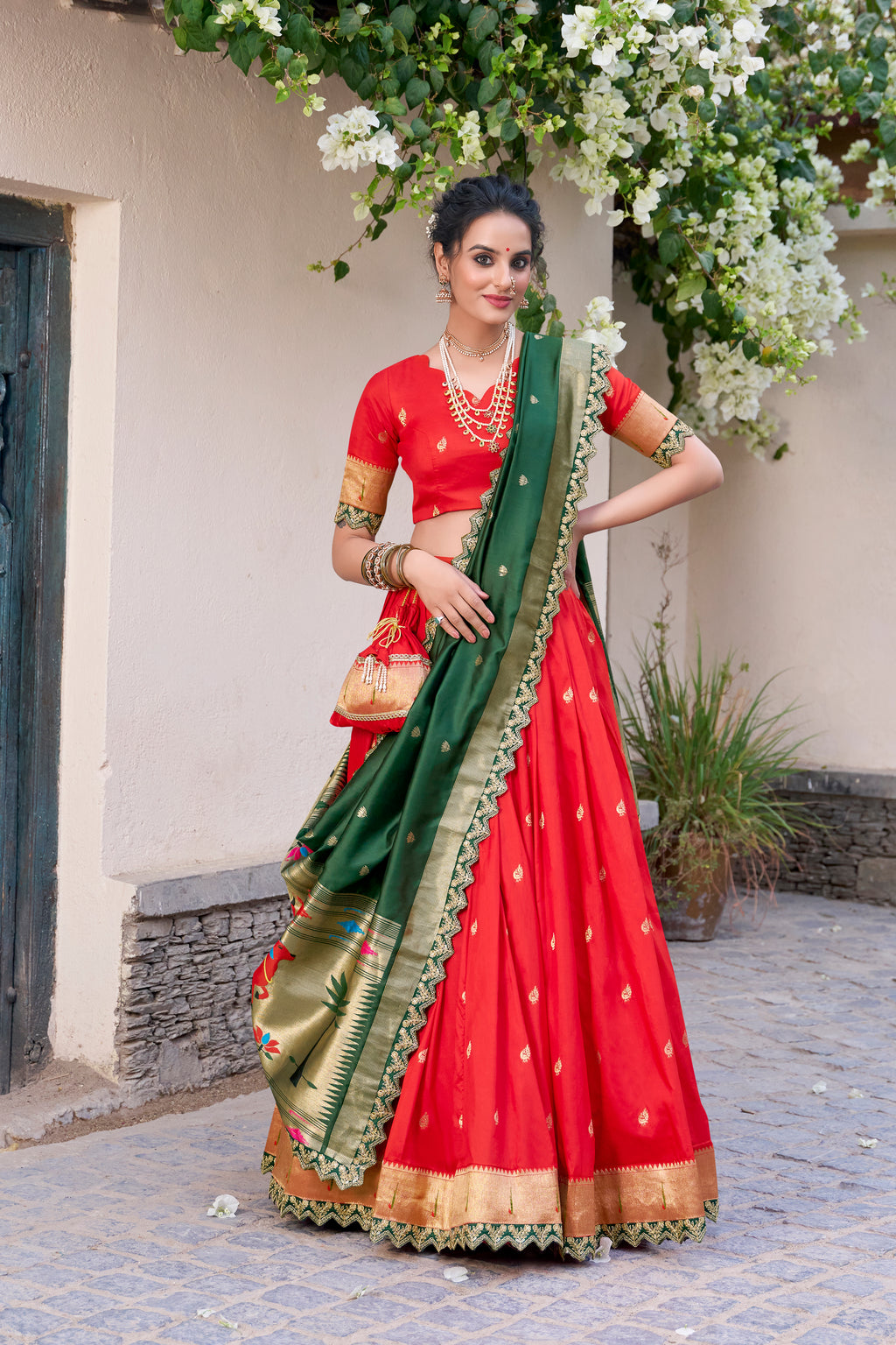 Red Jacquard Silk  Lehenga with Zari Weaving Work and Green Contrast Dupatta