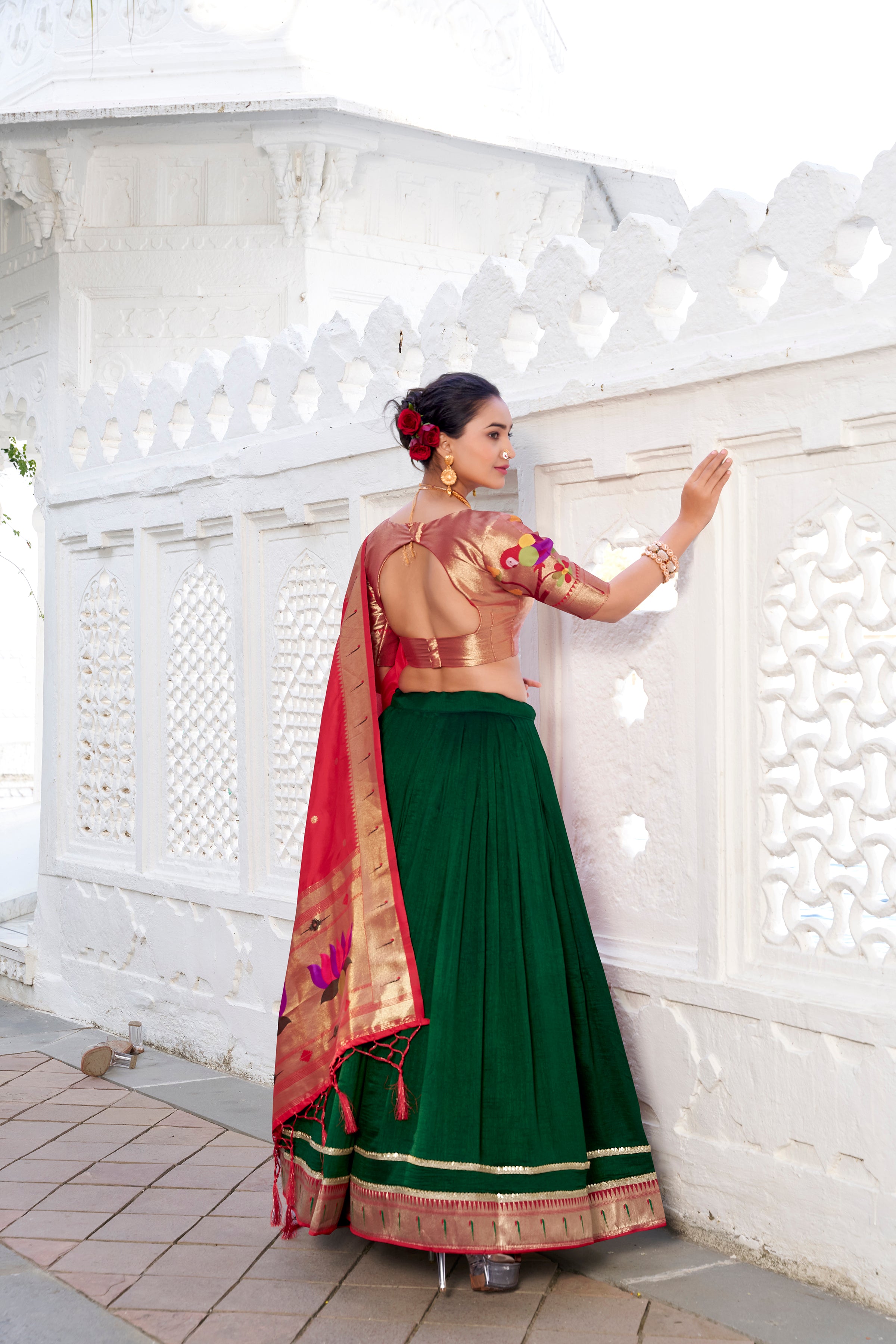 Bottle Green  Vichitra  Silk Lehenga with Red Contrast Dupatta