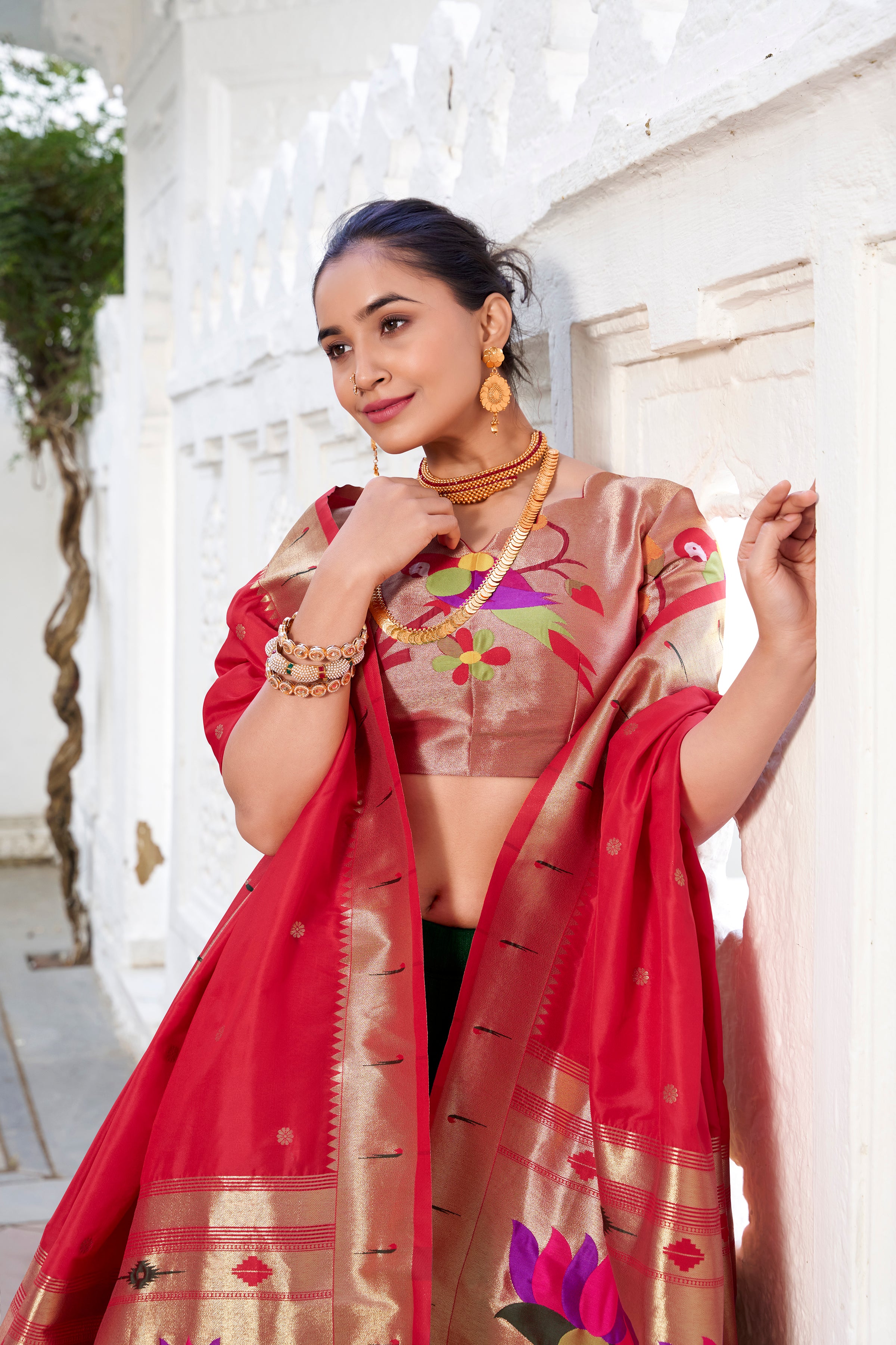 Bottle Green  Vichitra  Silk Lehenga with Red Contrast Dupatta