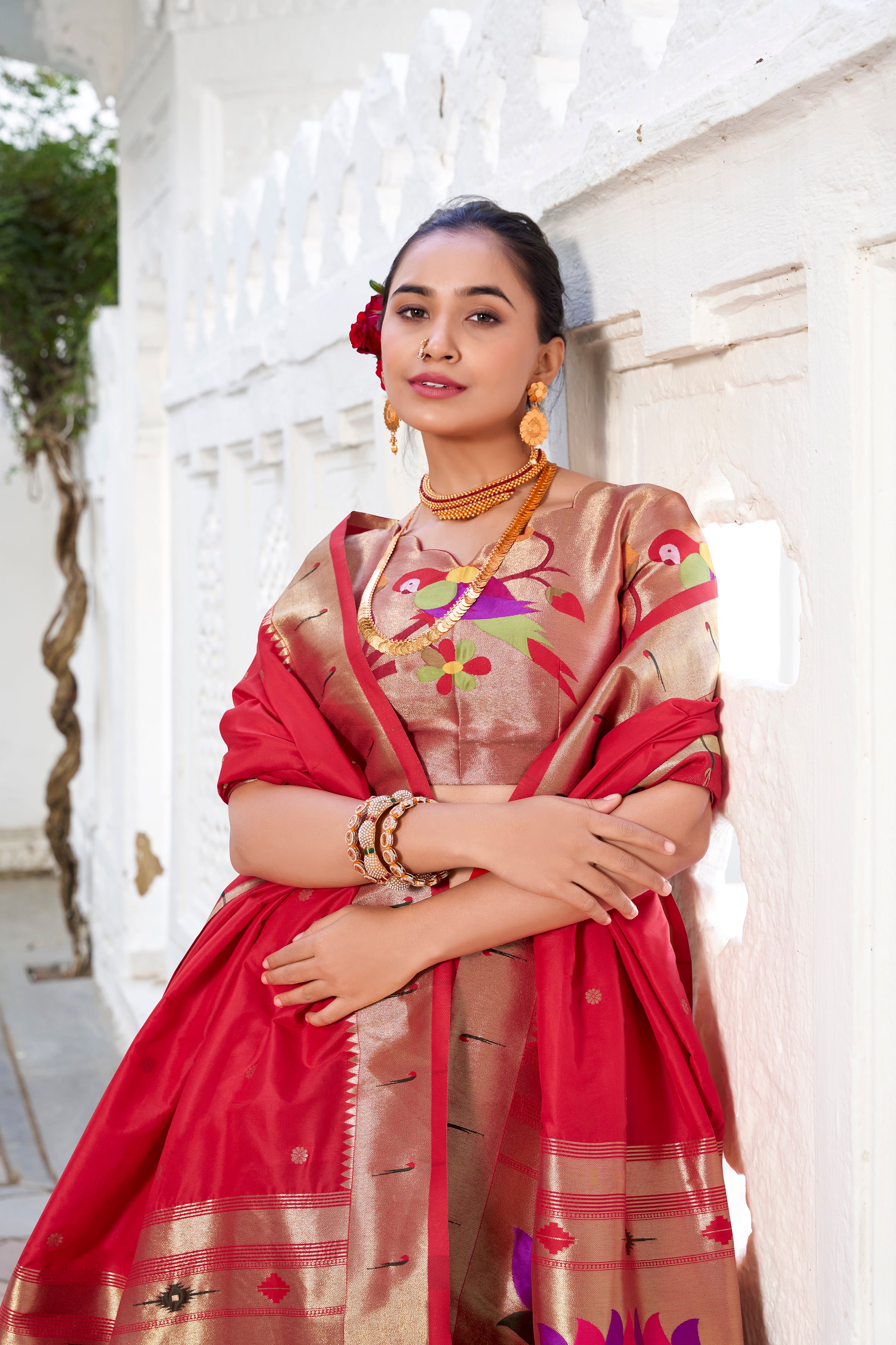 Bottle Green  Vichitra  Silk Lehenga with Red Contrast Dupatta