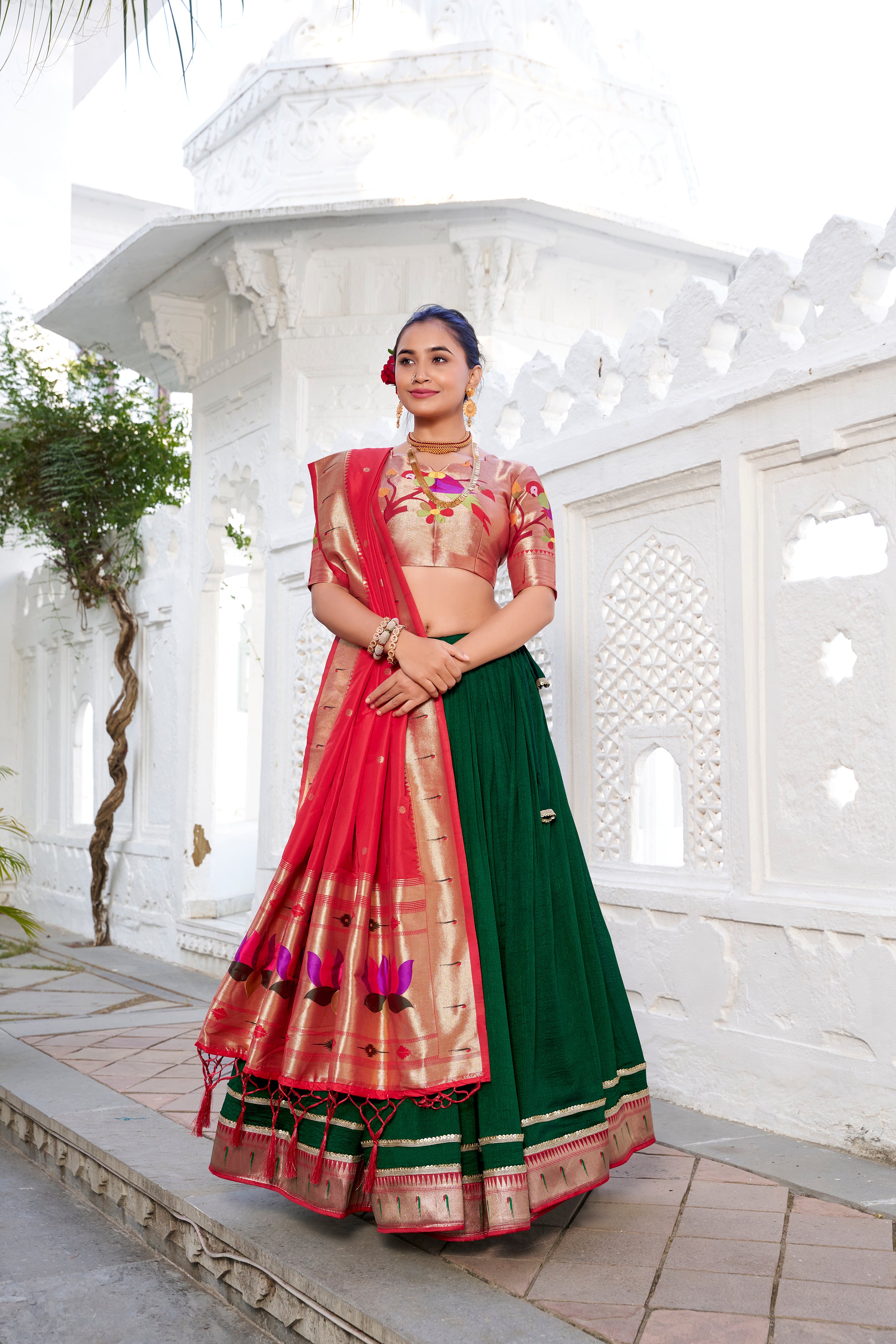 Bottle Green  Vichitra  Silk Lehenga with Red Contrast Dupatta