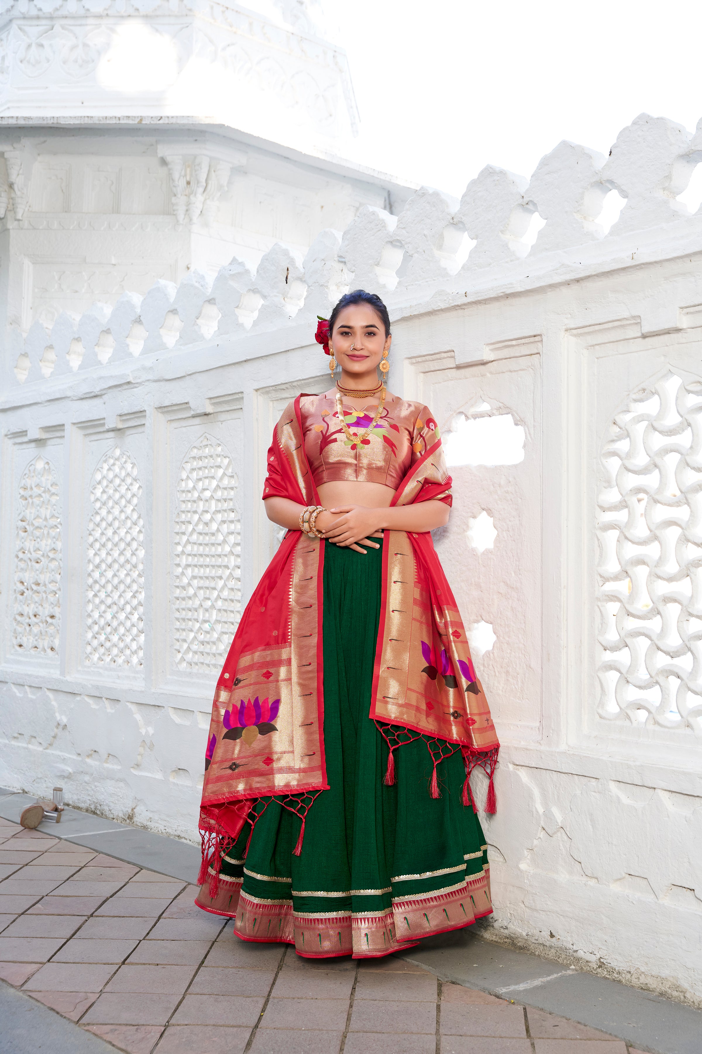 Bottle Green  Vichitra  Silk Lehenga with Red Contrast Dupatta