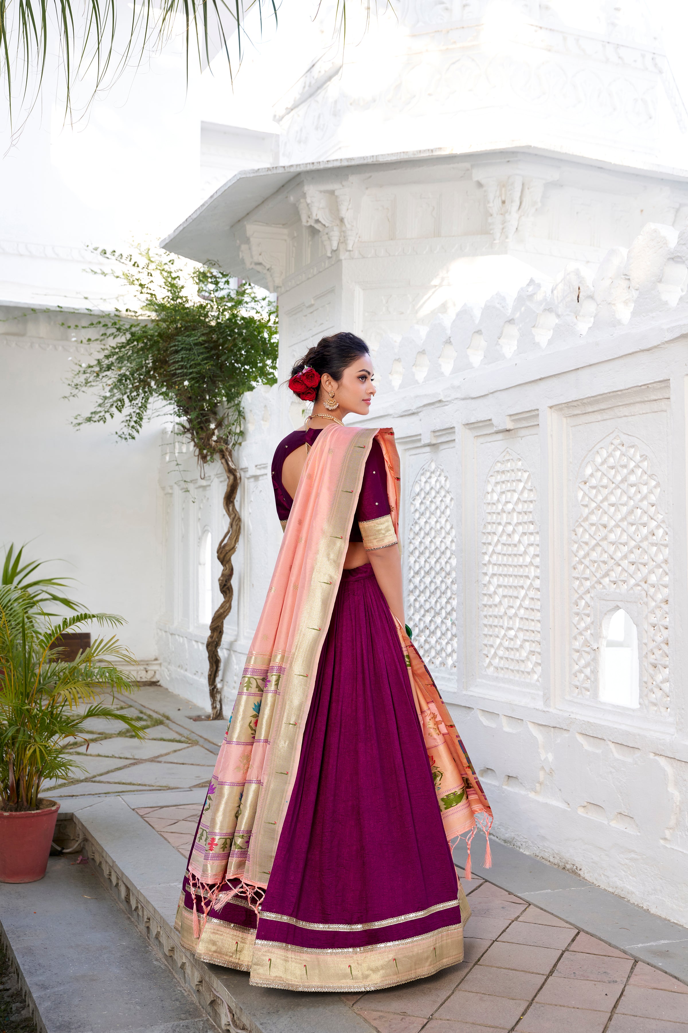 Vichitra Silk Wine Lehenga Choli with Peach Drape