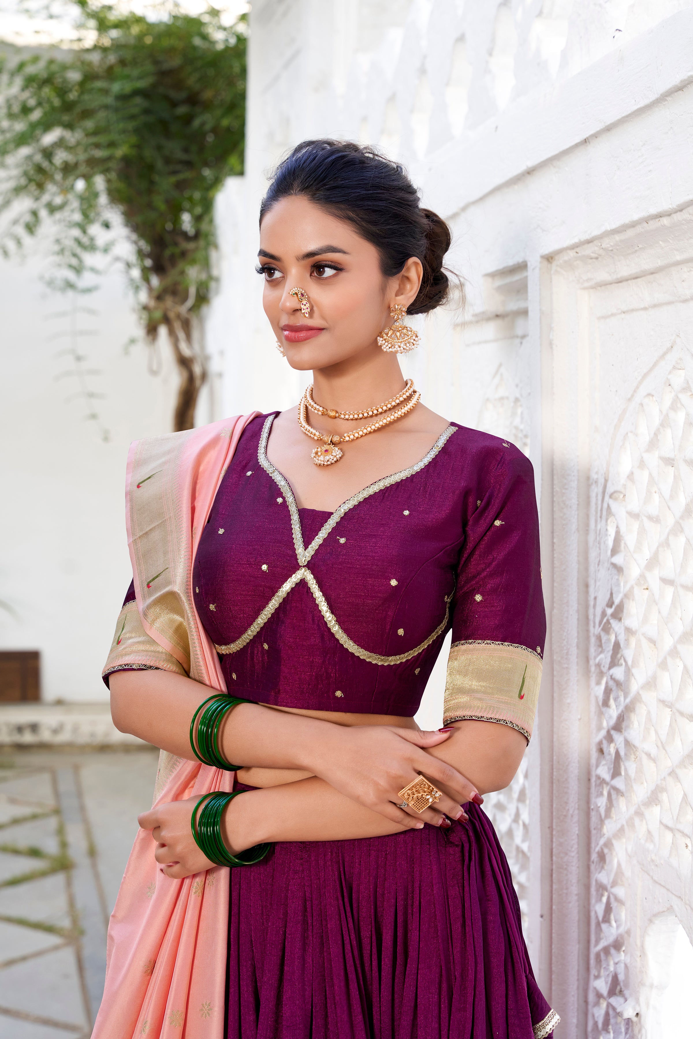 Vichitra Silk Wine Lehenga Choli with Peach Drape