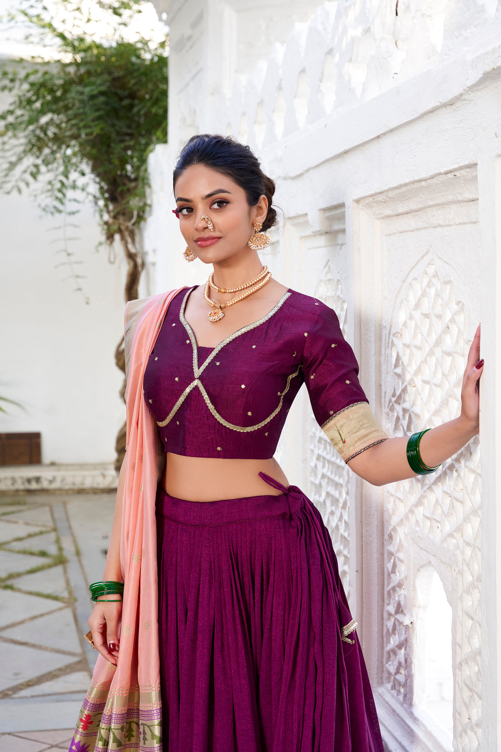 Vichitra Silk Wine Lehenga Choli with Peach Drape