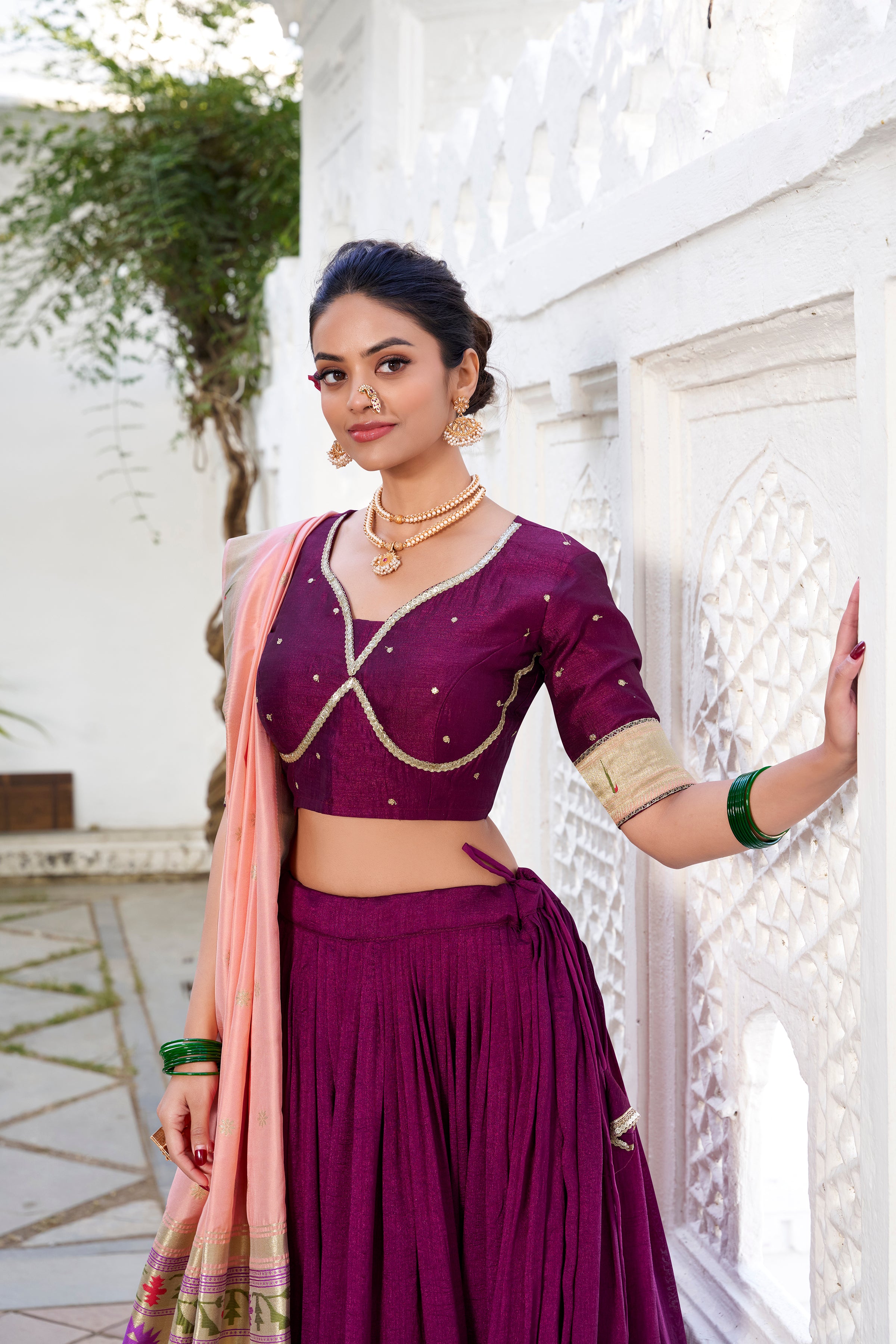 Vichitra Silk Wine Lehenga Choli with Peach Drape