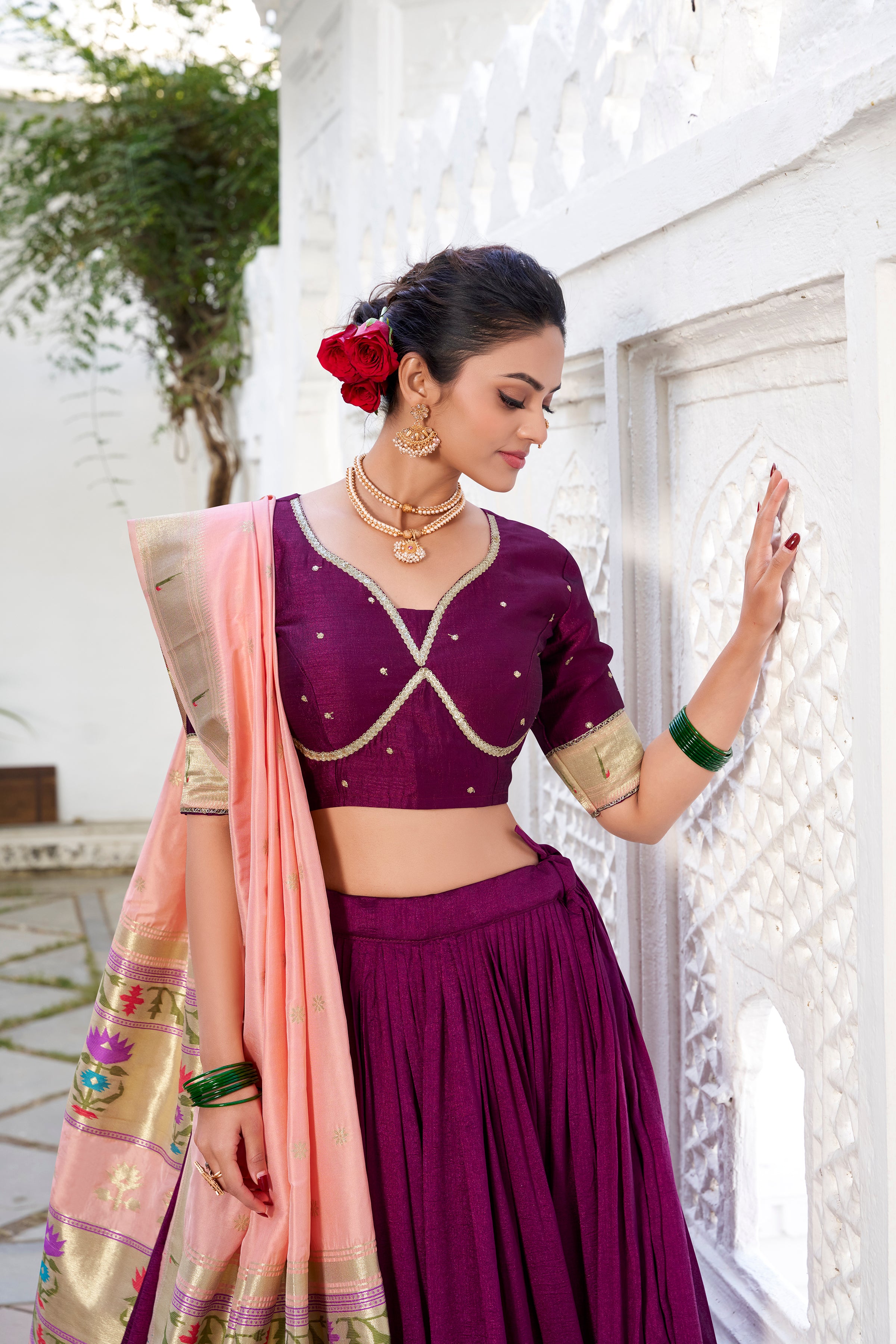 Vichitra Silk Wine Lehenga Choli with Peach Drape