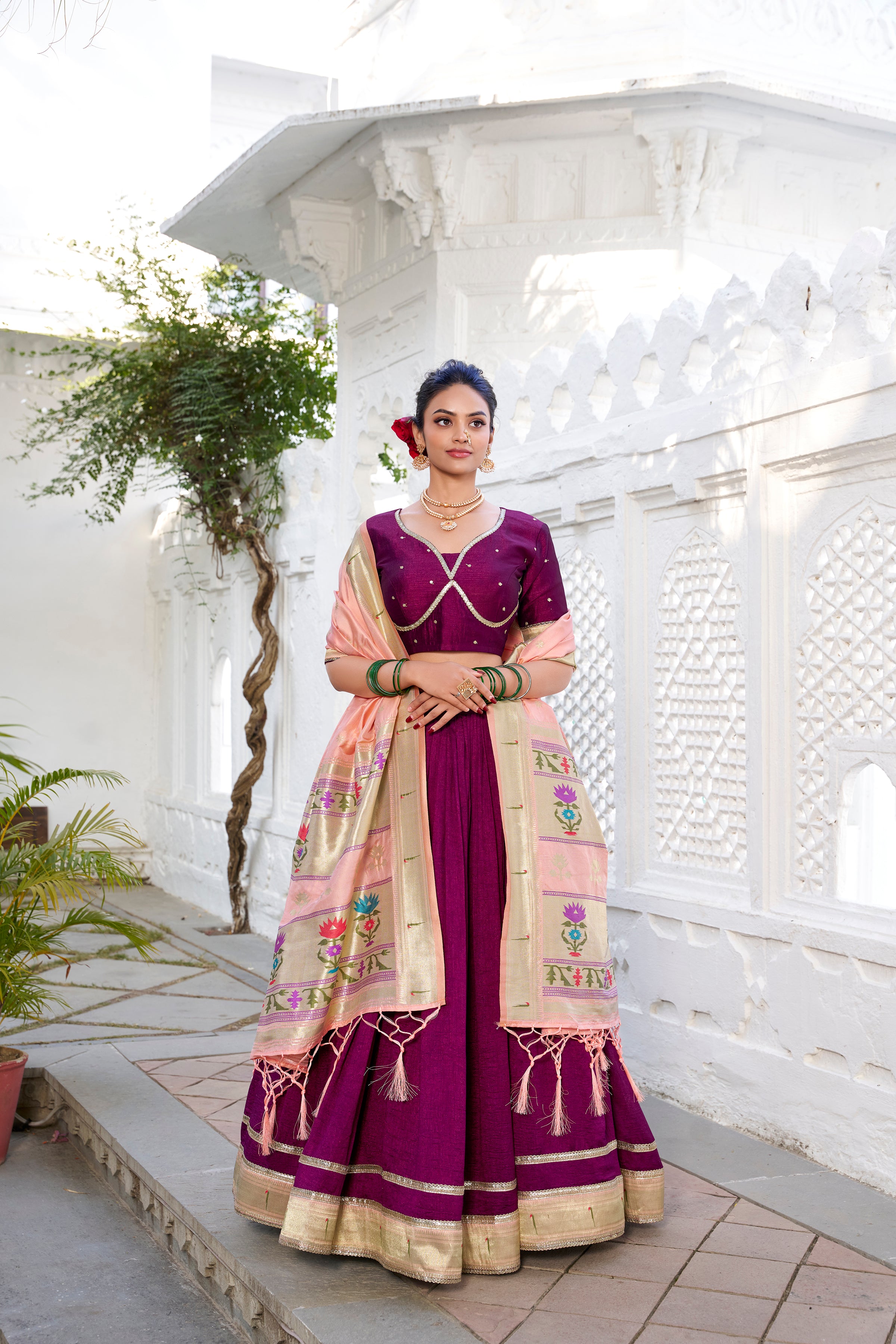 Vichitra Silk Wine Lehenga Choli with Peach Drape