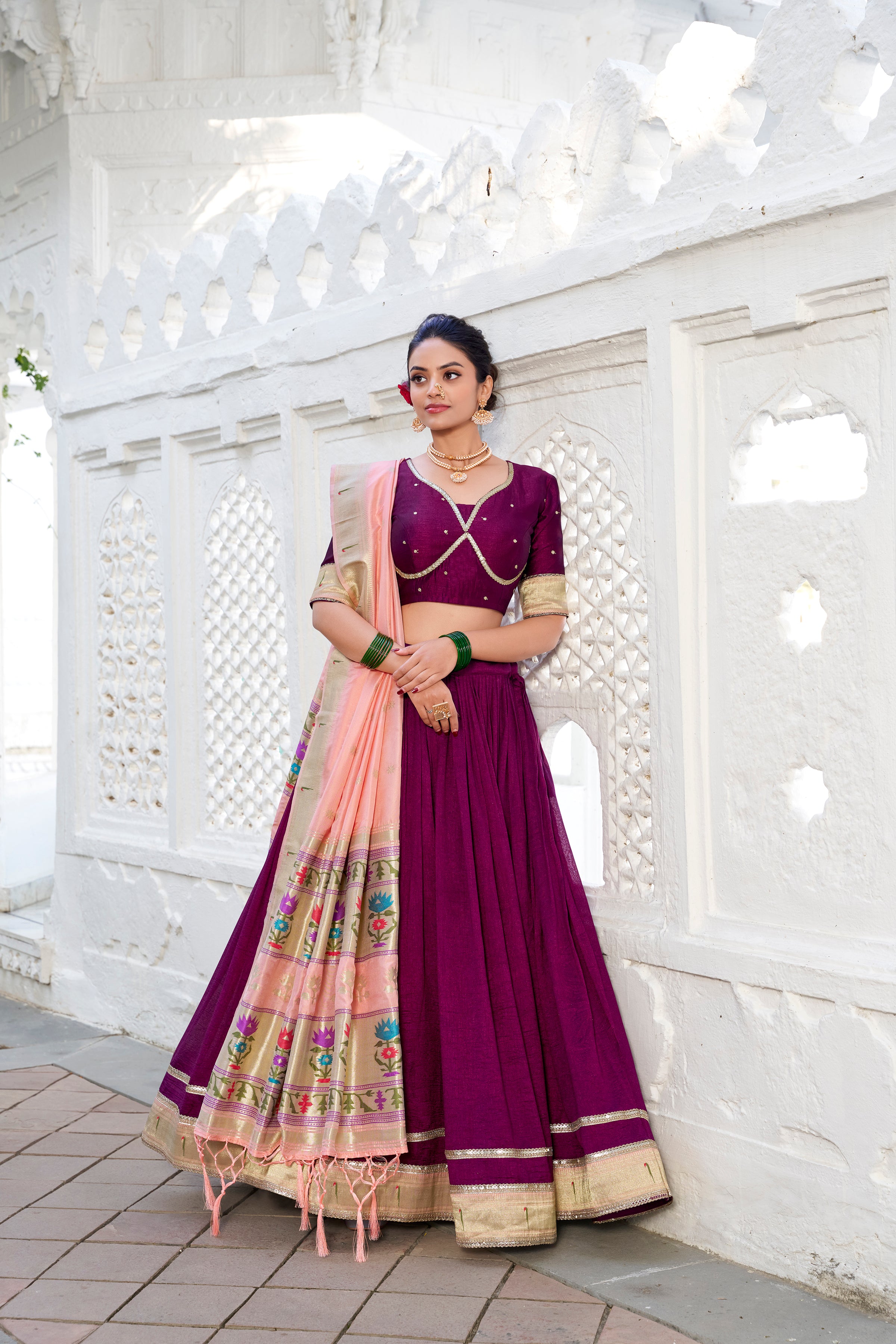 Vichitra Silk Wine Lehenga Choli with Peach Drape