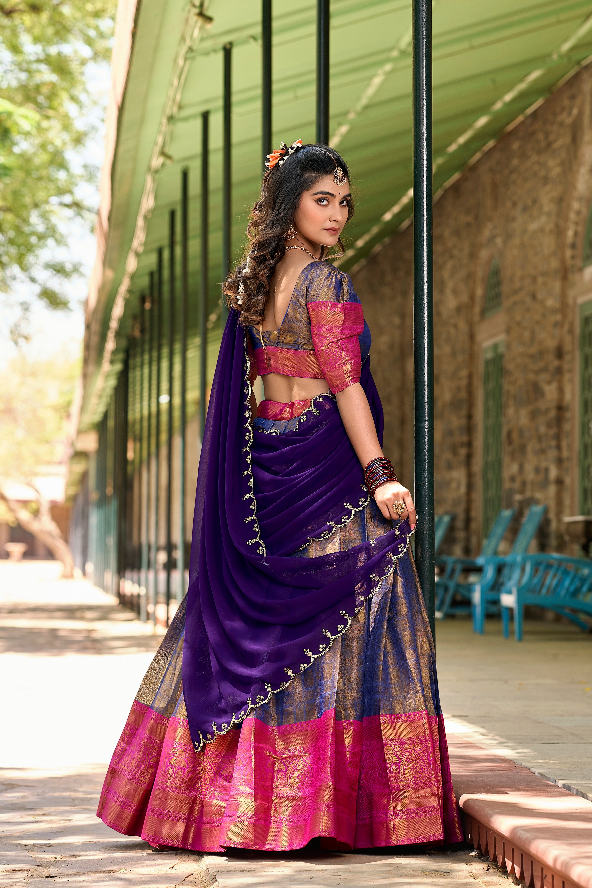 Kanjivaram Lehenga with Contrast Dupatta and Traditional Zari Weaving Work