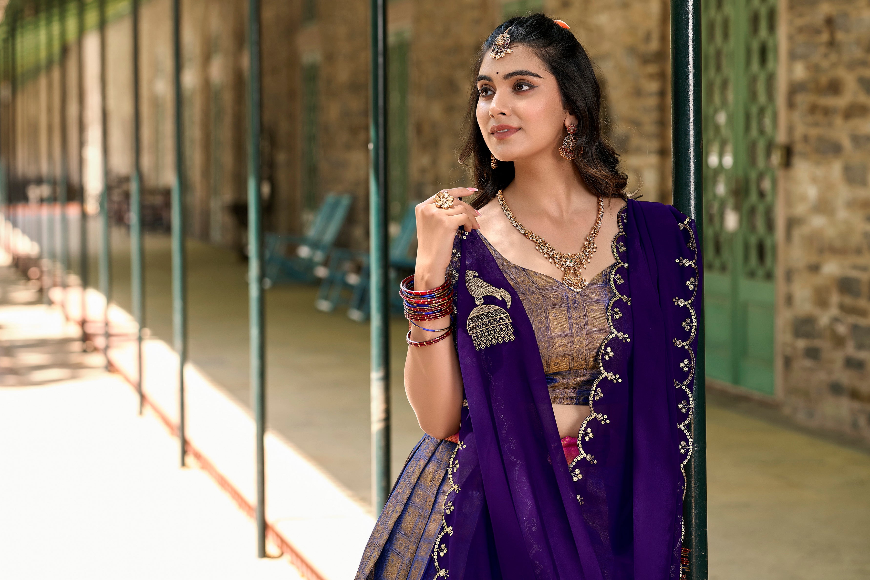 Kanjivaram Lehenga with Contrast Dupatta and Traditional Zari Weaving Work