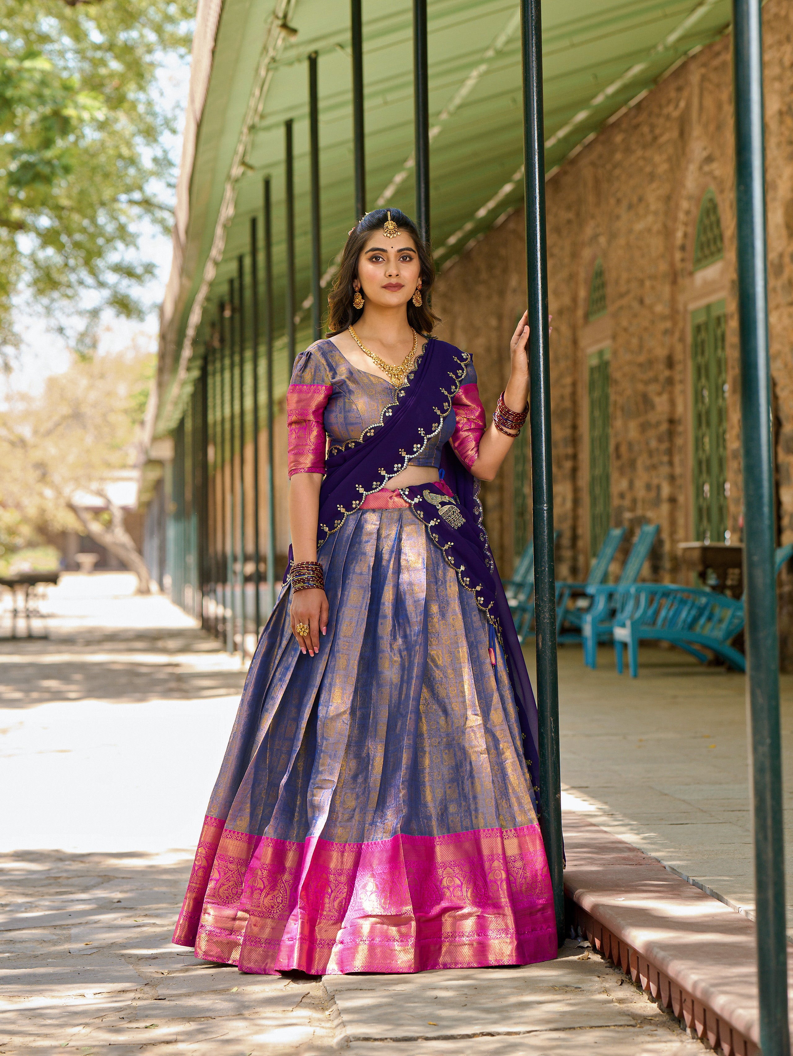Kanjivaram Lehenga with Contrast Dupatta and Traditional Zari Weaving Work