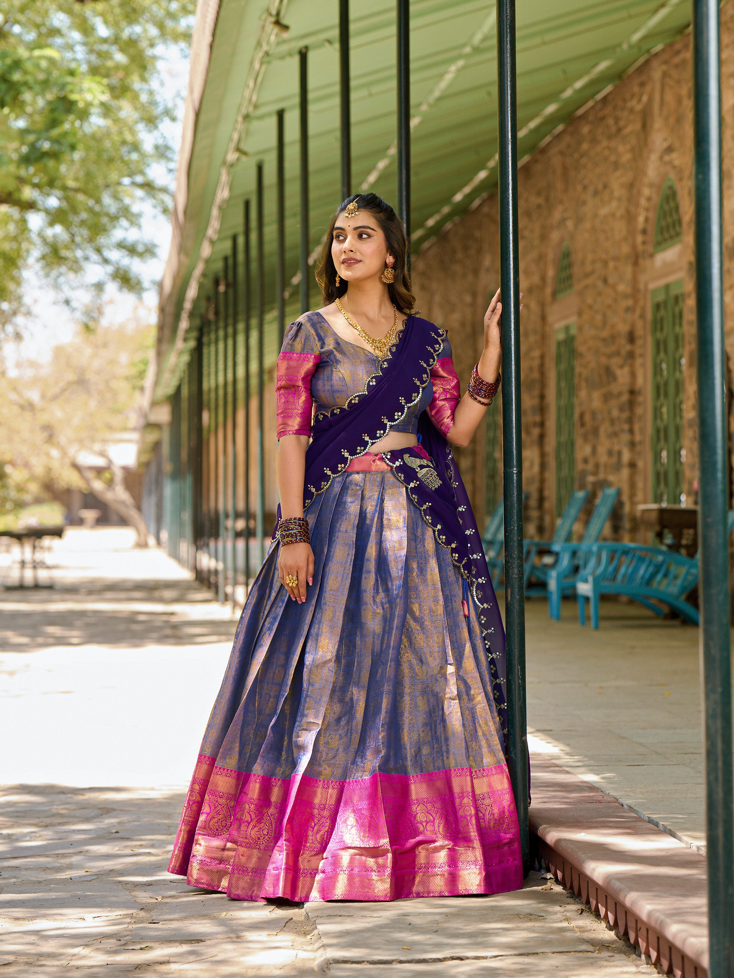 Kanjivaram Lehenga with Contrast Dupatta and Traditional Zari Weaving Work
