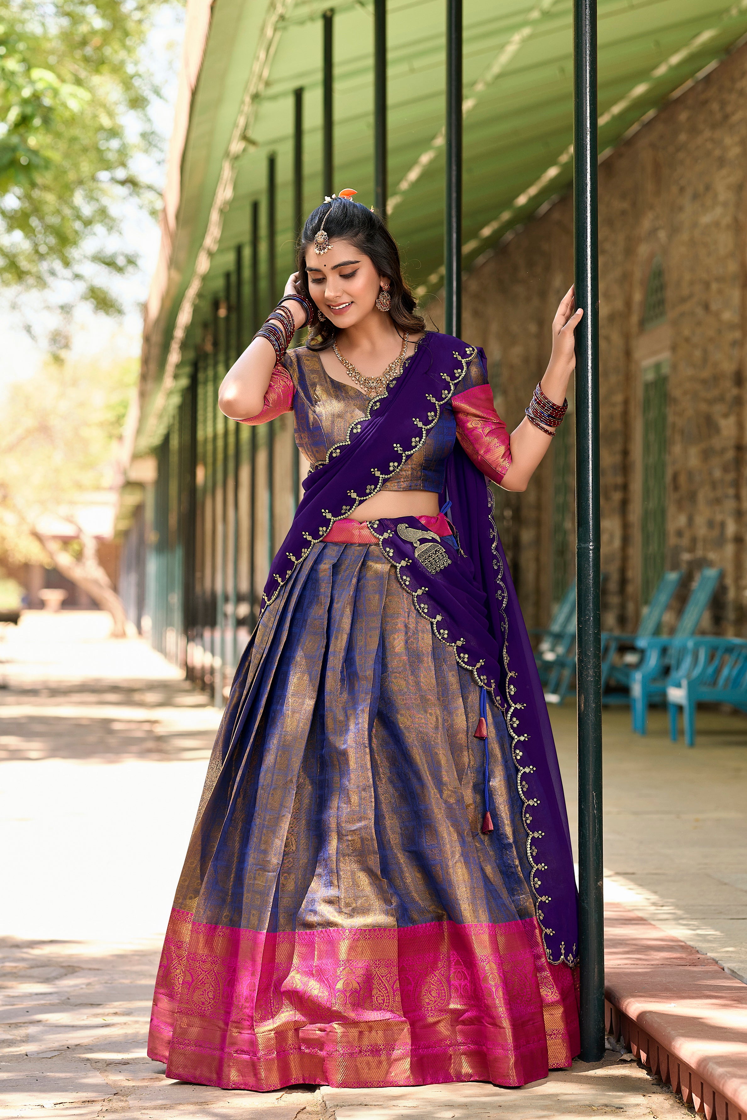 Kanjivaram Lehenga with Contrast Dupatta and Traditional Zari Weaving Work