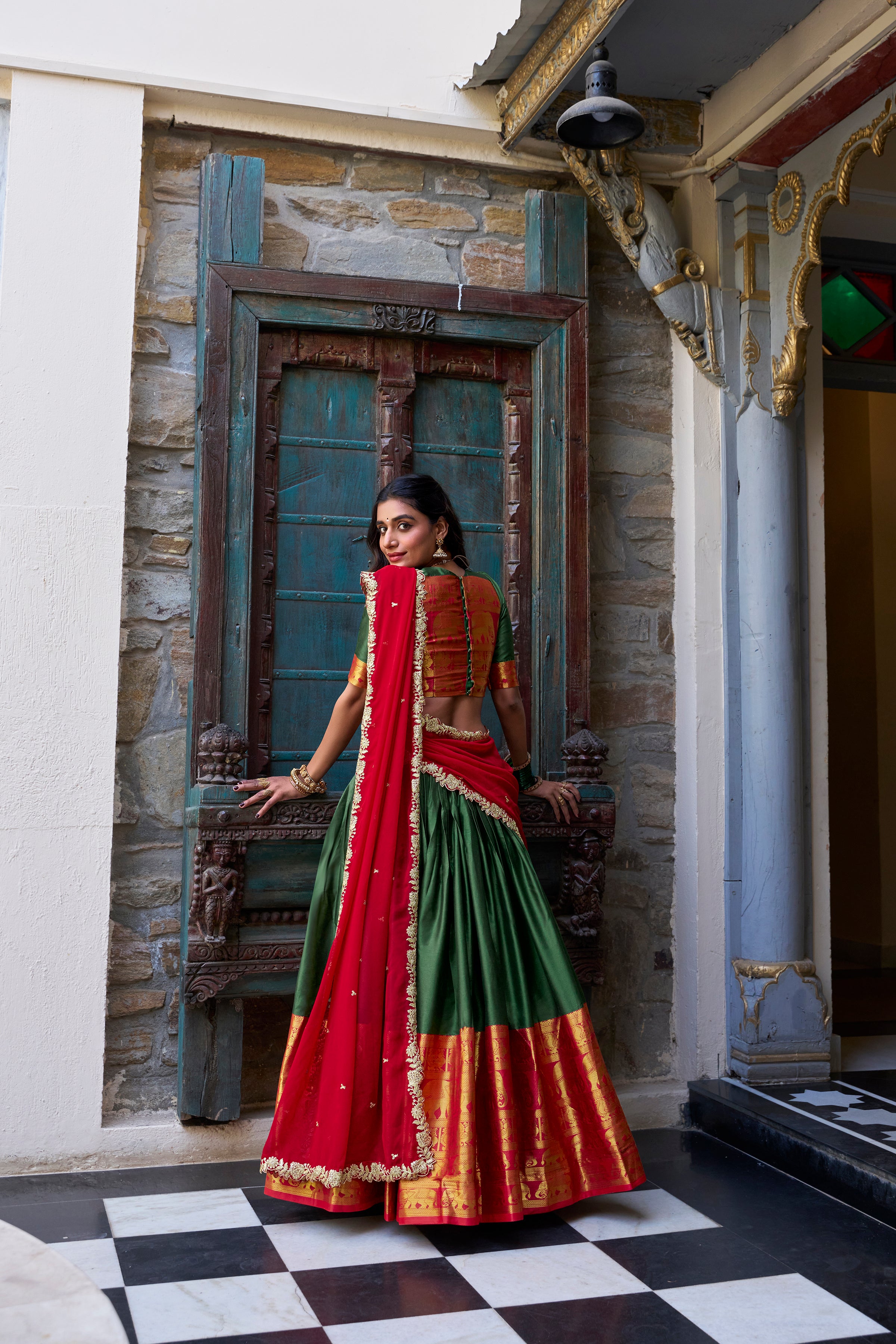 Narayan Pattu Lehenga with Zari Border and Embellished Dupatta