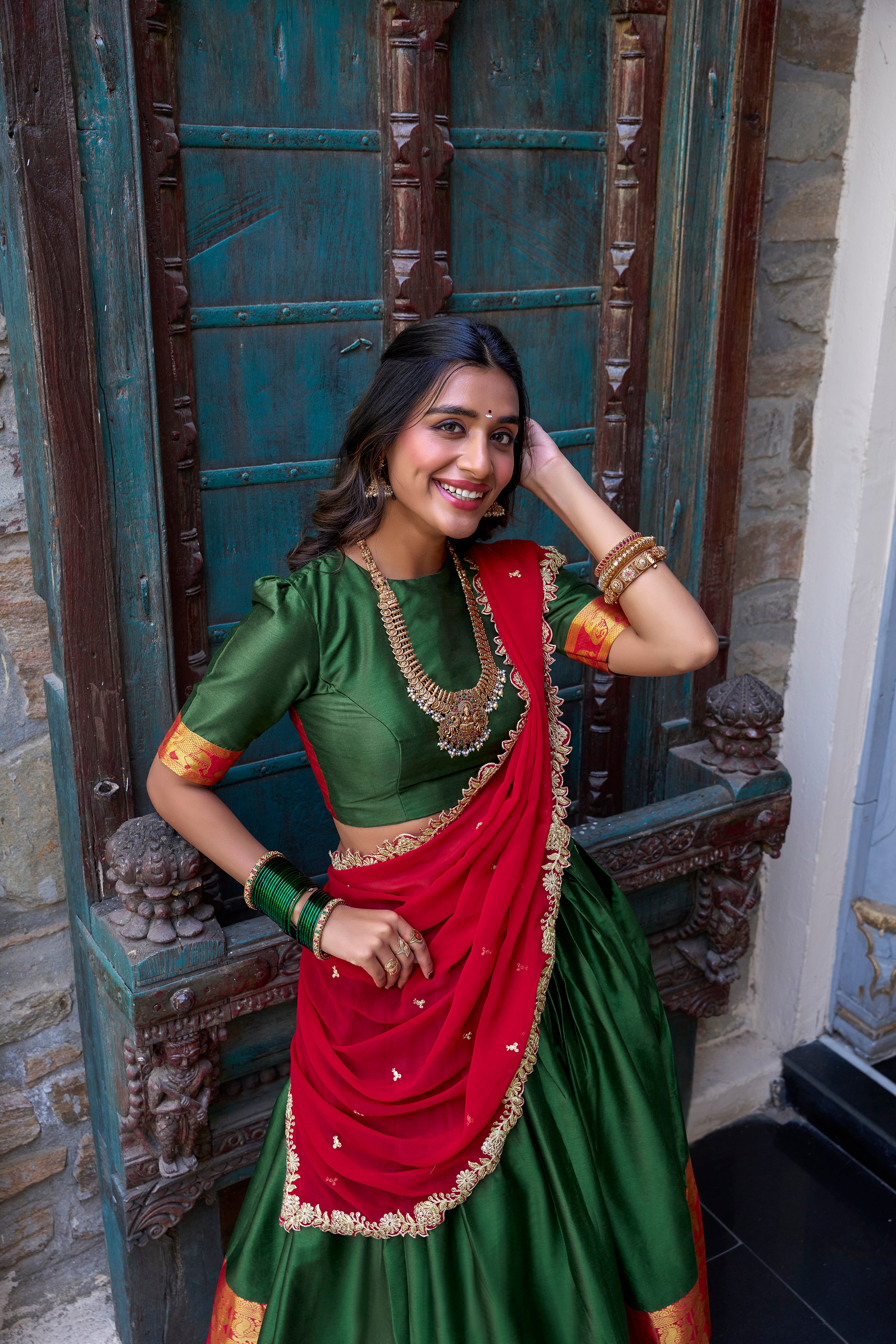 Narayan Pattu Lehenga with Zari Border and Embellished Dupatta