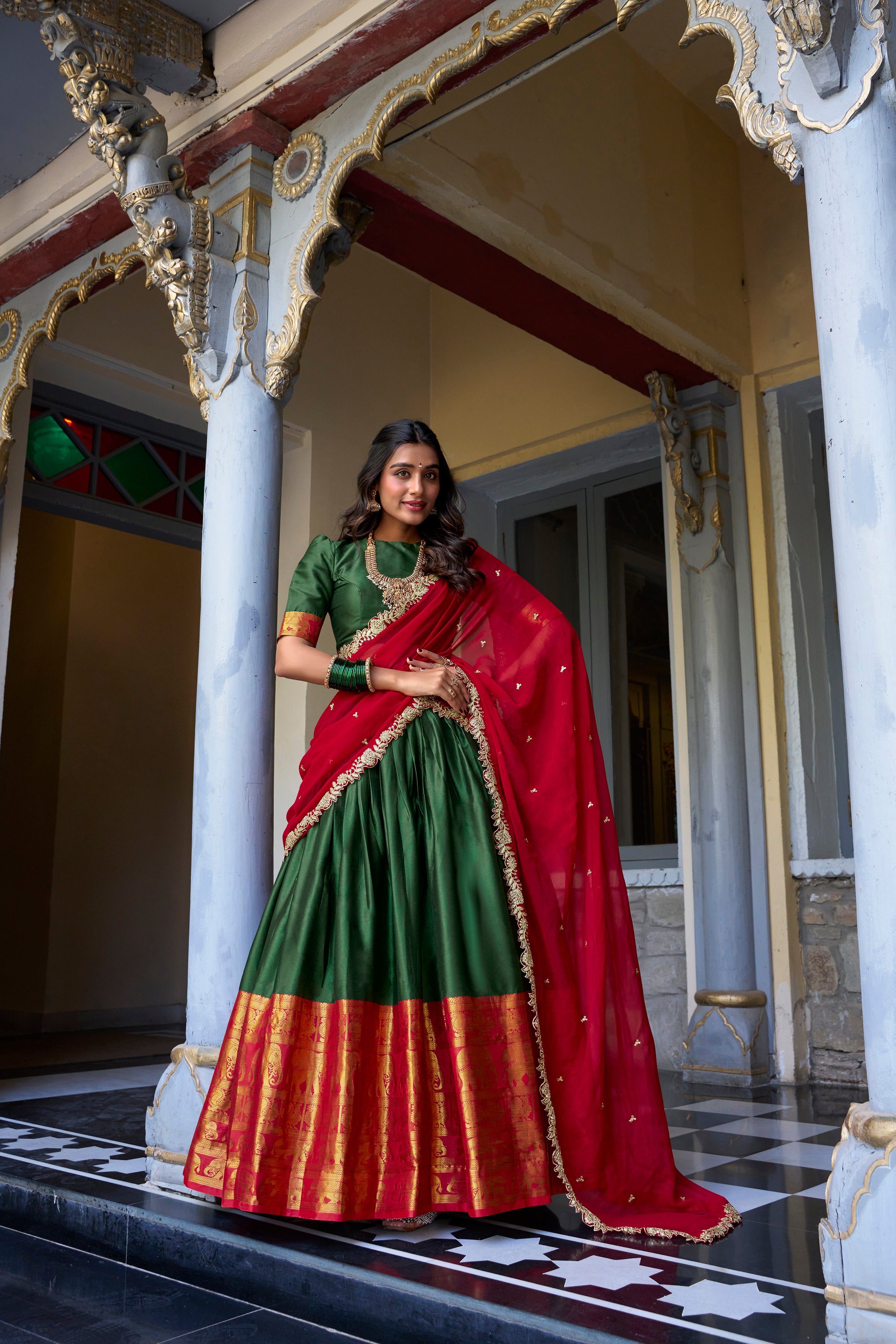 Narayan Pattu Lehenga with Zari Border and Embellished Dupatta