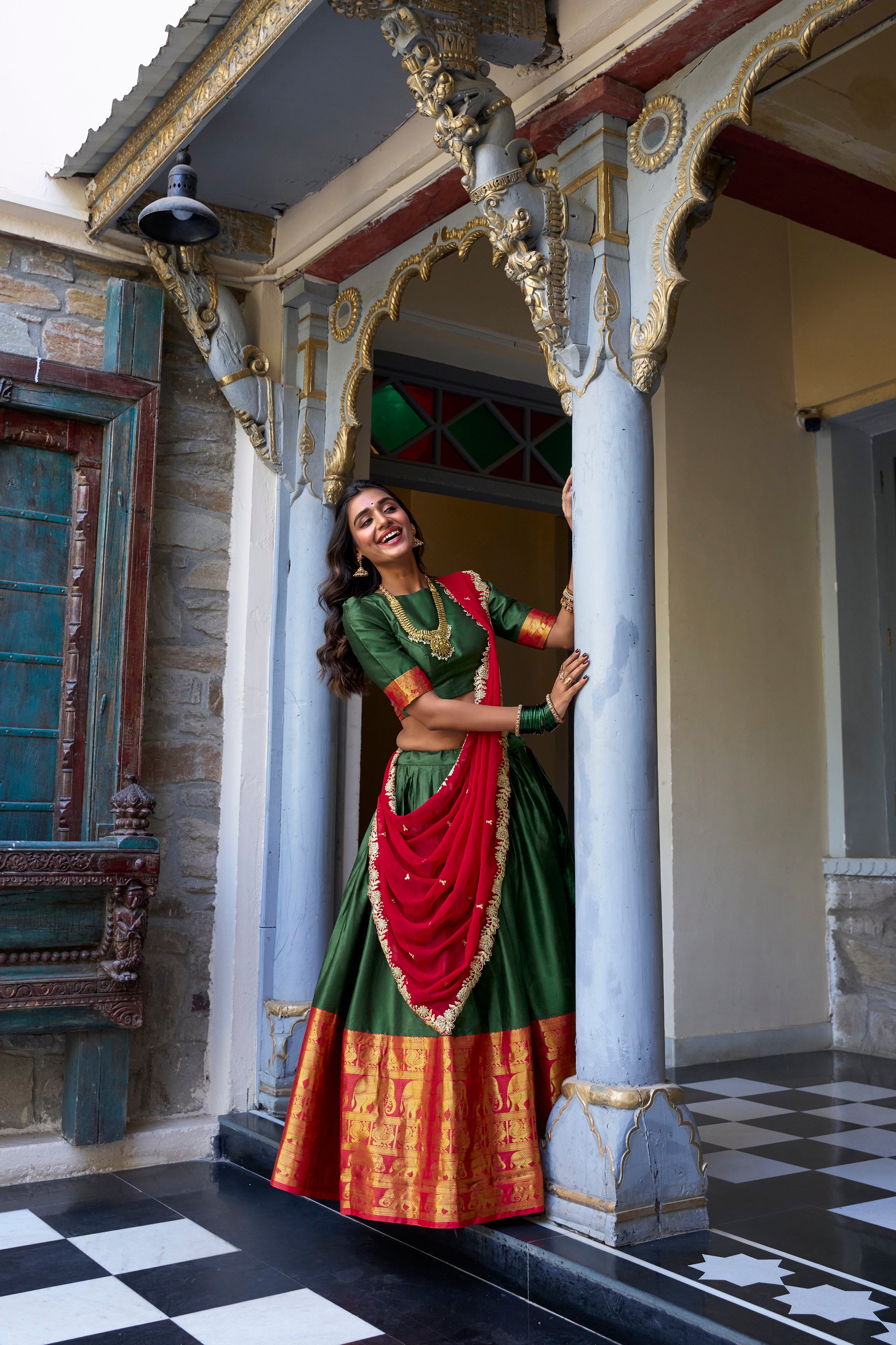 Narayan Pattu Lehenga with Zari Border and Embellished Dupatta