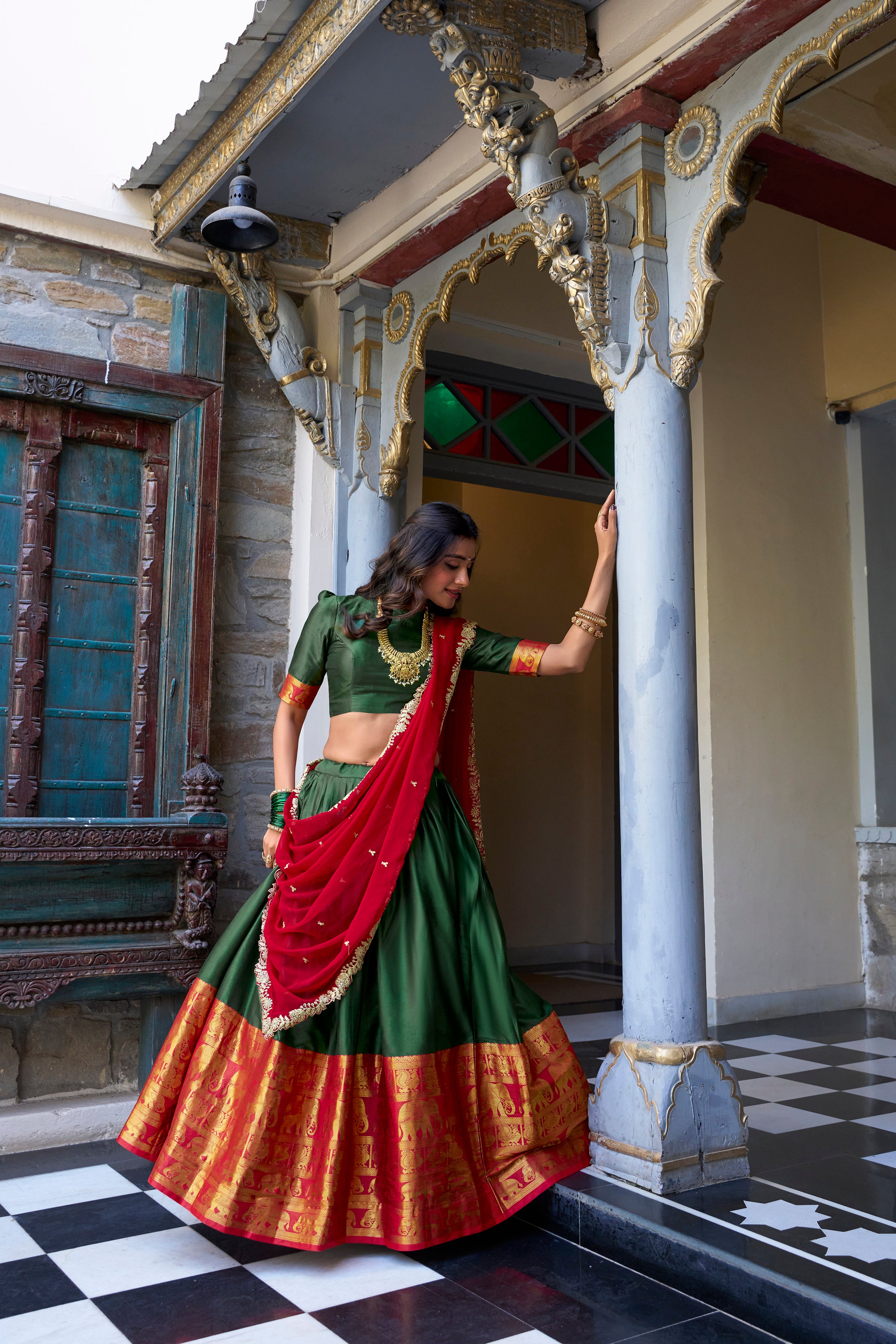 Narayan Pattu Lehenga with Zari Border and Embellished Dupatta