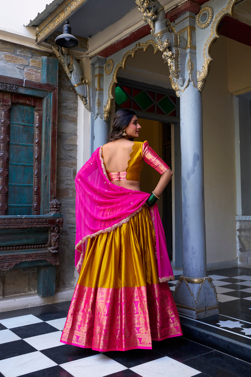 Narayan Pattu Lehenga with Zari Border and Embellished Dupatta